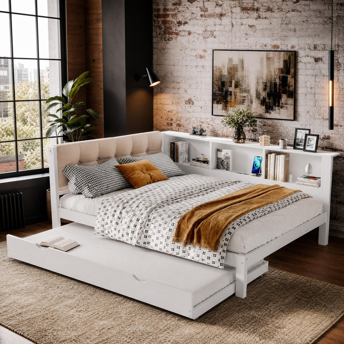 JUGENDBETT 140/200 mit Ausziehbett, LED, USB, Regal und Kiefernholz in Weiß - Beige, Holzwerkstoff/Textil (140/200cm) - EVRYAE