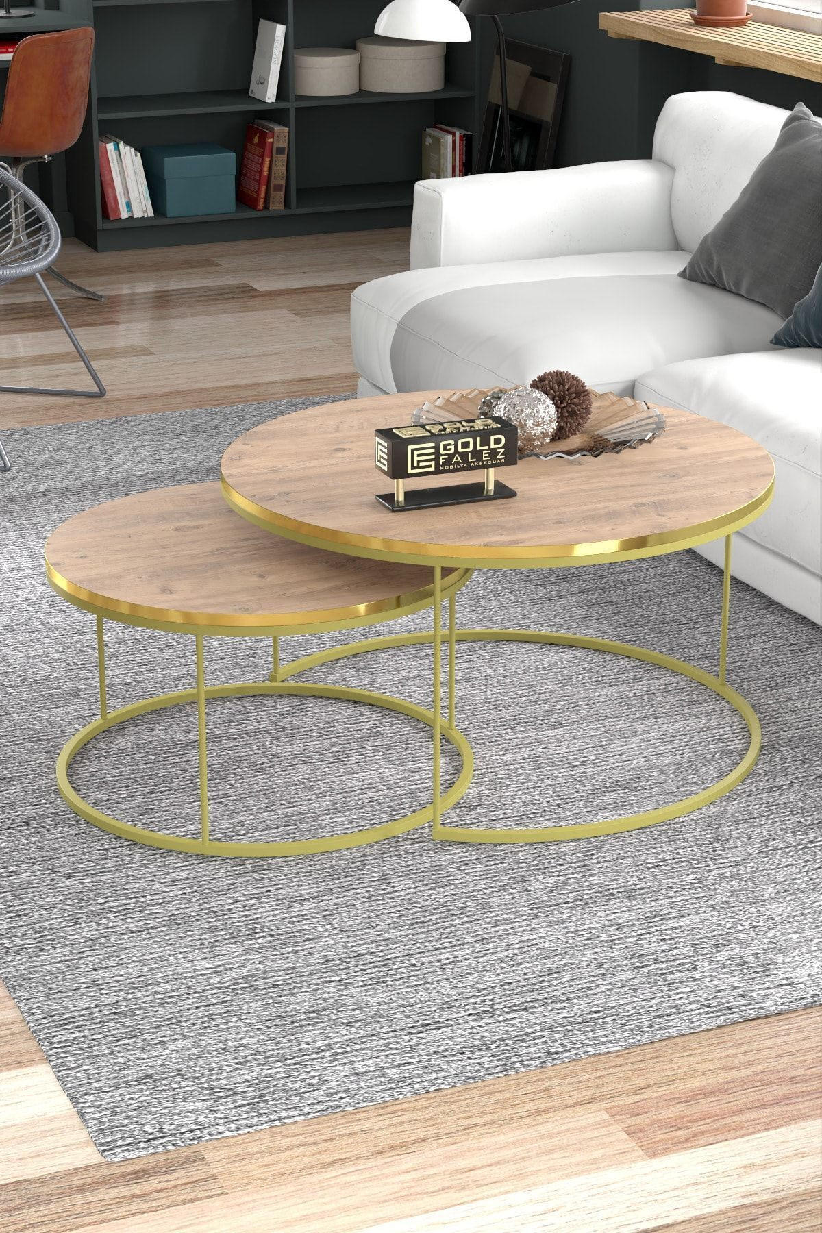COUCHTISCH-SET 2 TLG. Trevano - Hellbraun/Goldfarben, Holzwerkstoff/Metall (70/70/51cm) - [en.casa]
