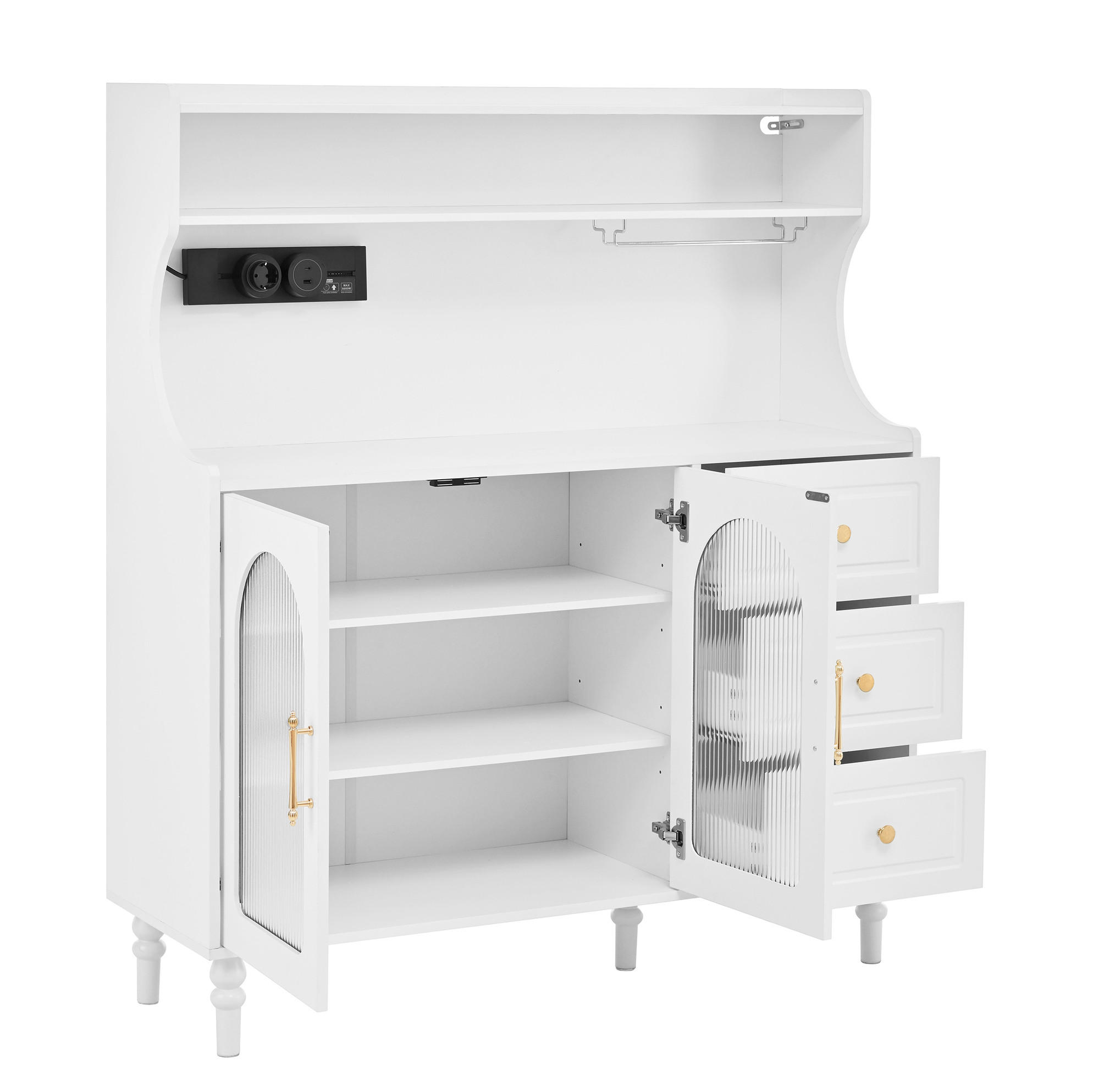 BUFFETSCHRANK 120/40/138,5 cm mit Steckdose, USB- und USB-C-Anschluss, Glashalter und 3 Schubladen, MDF, Weiß - Weiß, Holzwerkstoff (120/138.5/40cm) - Redom