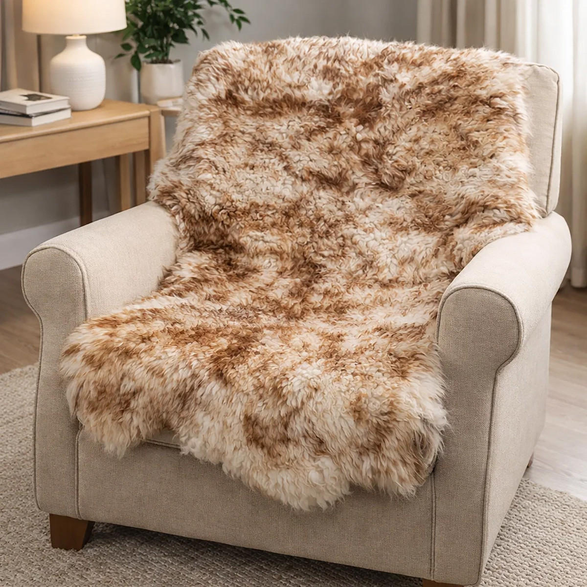 FELL Öko Schaffell Läufer Braun Geflammt ca. 110/110 cm - Braun, Fell (110/110cm) - Provellus