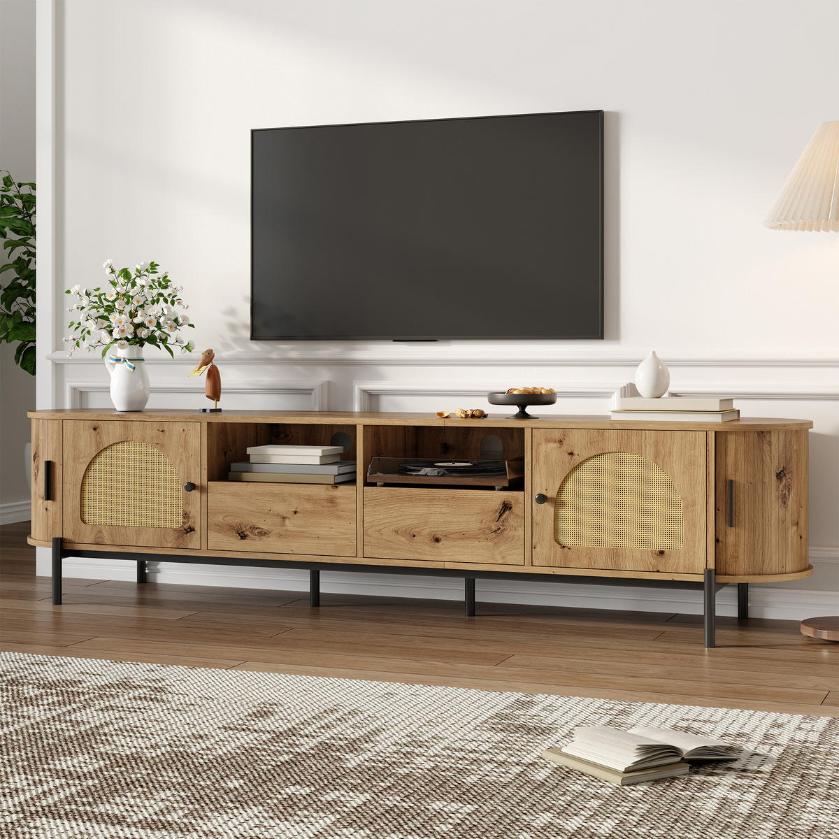 TV-SCHRANK oval Rattan Holzoptik - Naturfarben, Holzwerkstoff (200/49.5/40cm)