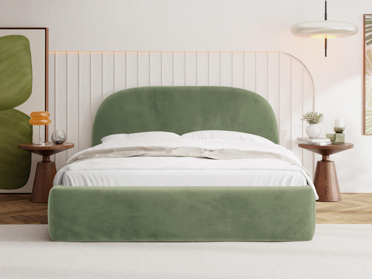 POLSTERBETT Puro mit Bettkasten, Salbeigrün Samt 140 x 200 cm – mit Metall-Lattenrost - Salbeigrün/Birkefarben, Kunststoff/Textil (140/200cm) - WFL GROUP