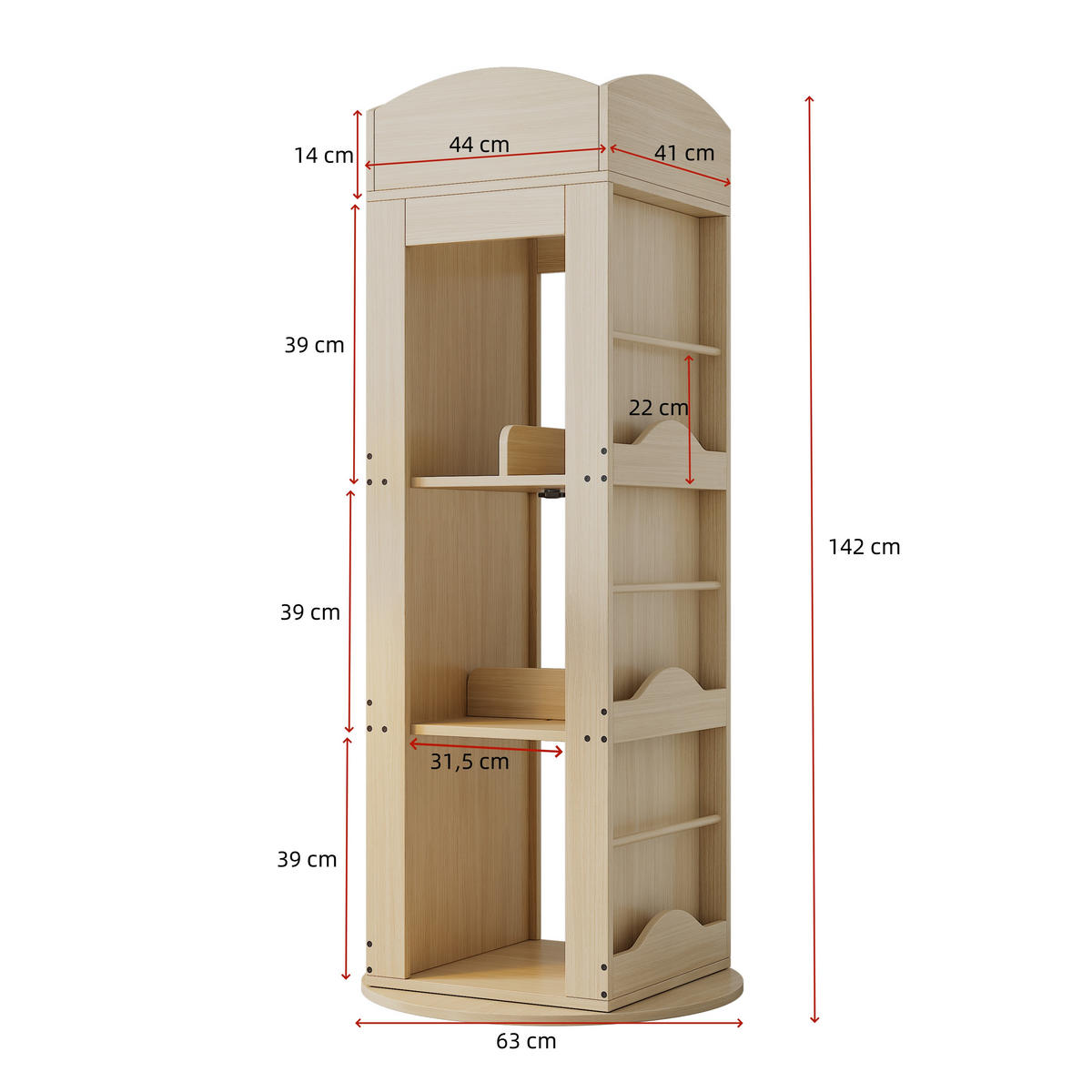BÜCHERREGAL 142x63x63cm 360-Grad drehbar 4 Böden für Kinder Erwachsene - Naturfarben, Holz (63/142/63cm) - FLIEKS