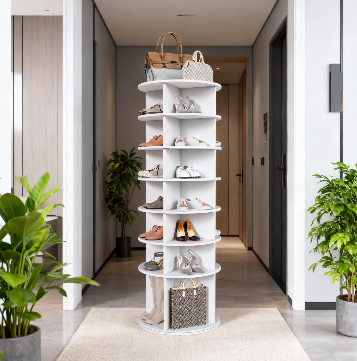 SCHUHREGAL aus PVC 60x60x184 cm Weiß mit 360°-Drehfunktion, 7 Ebenen und Platz für bis zu 28 Paar Schuhe - Weiß, Holzwerkstoff (60/184/60cm) - Modfu