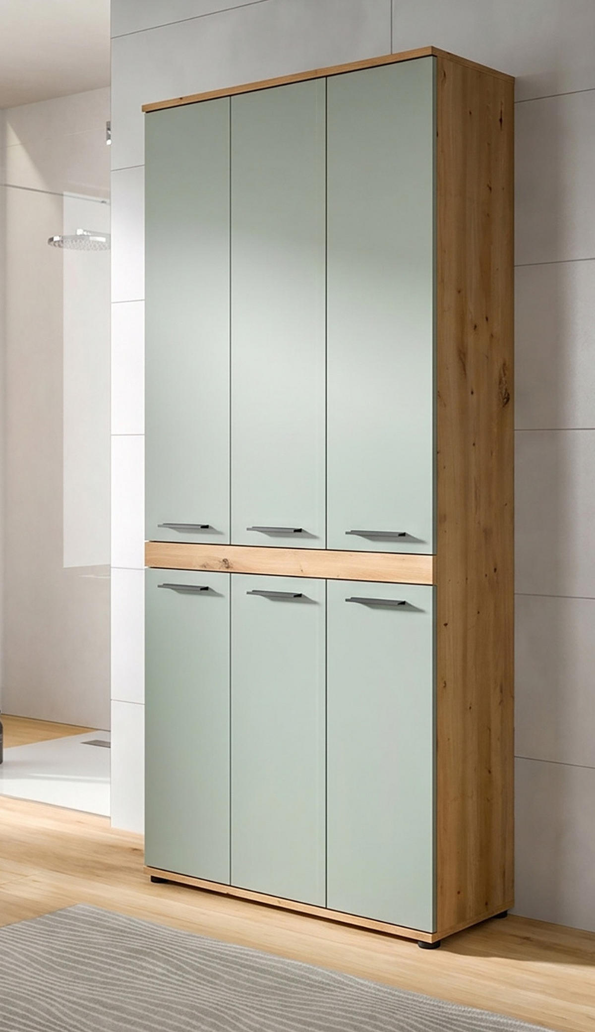HOCHSCHRANK Salbei, Artisan Eiche 90 x 191 cm, Badschrank XXL - Salbeigrün/Schwarz, Holzwerkstoff/Kunststoff (90/191/31cm) - Inn.Furn