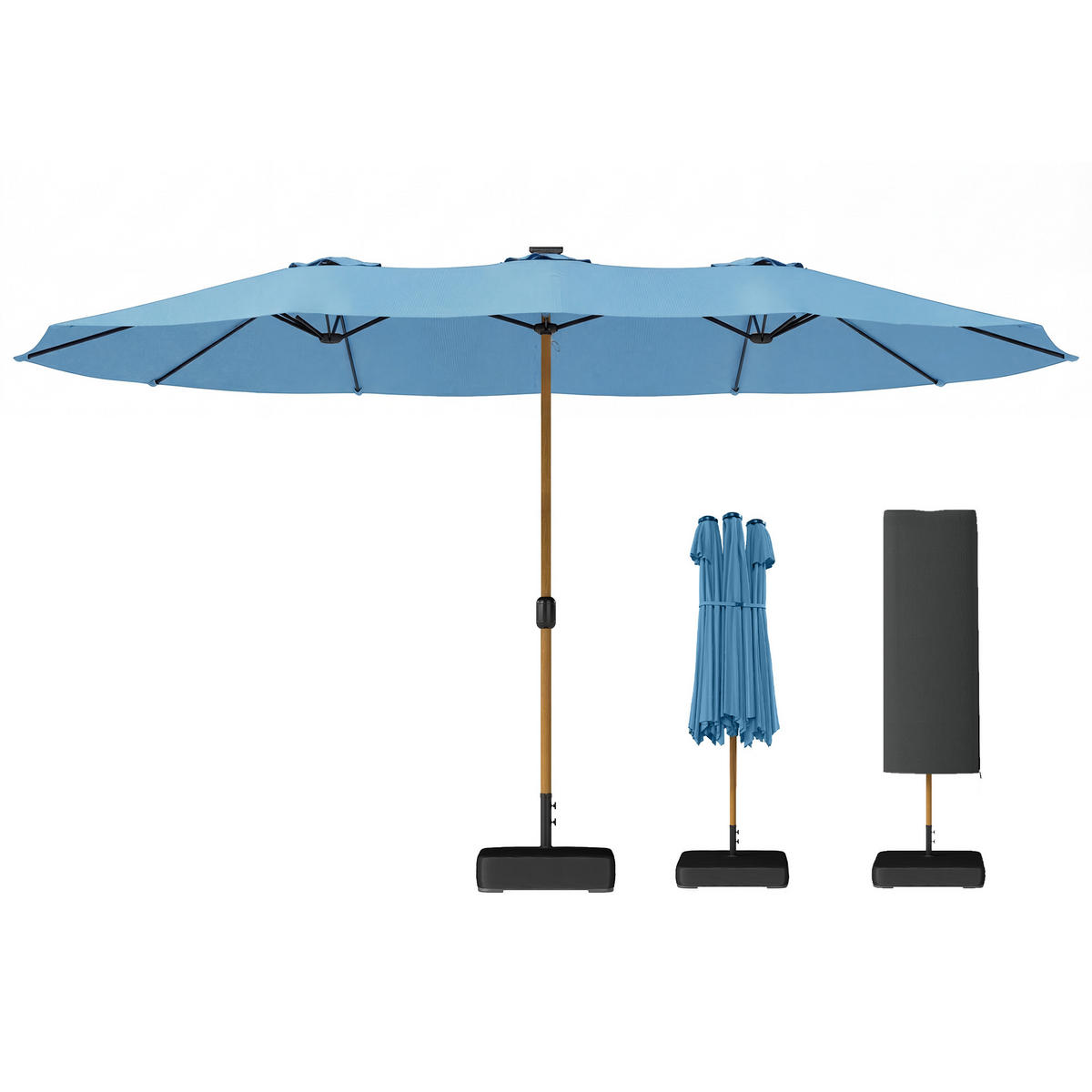 DOPPELSONNENSCHIRM 500/300 cm DE-11573 mit Basis, Sandsäcken & Hülle Blau - Blau, Textil (281/467cm) - ComfortXL