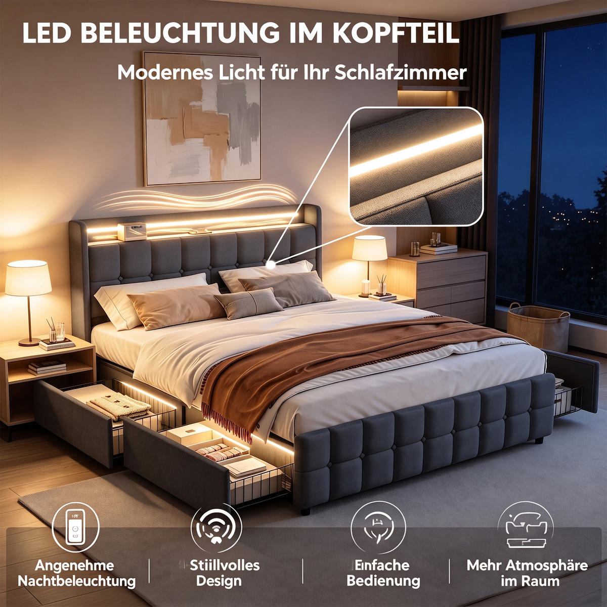 POLSTERBETT 160x200 mit Stauraum, Bettgestell 160x200 mit 4 Schubladen, Kopfteil mit USB und LED, Lattenrost, Bezug aus Leinen, Grau - Grau, Holz/Holzwerkstoff (160/200cm) - GENKI LIVING