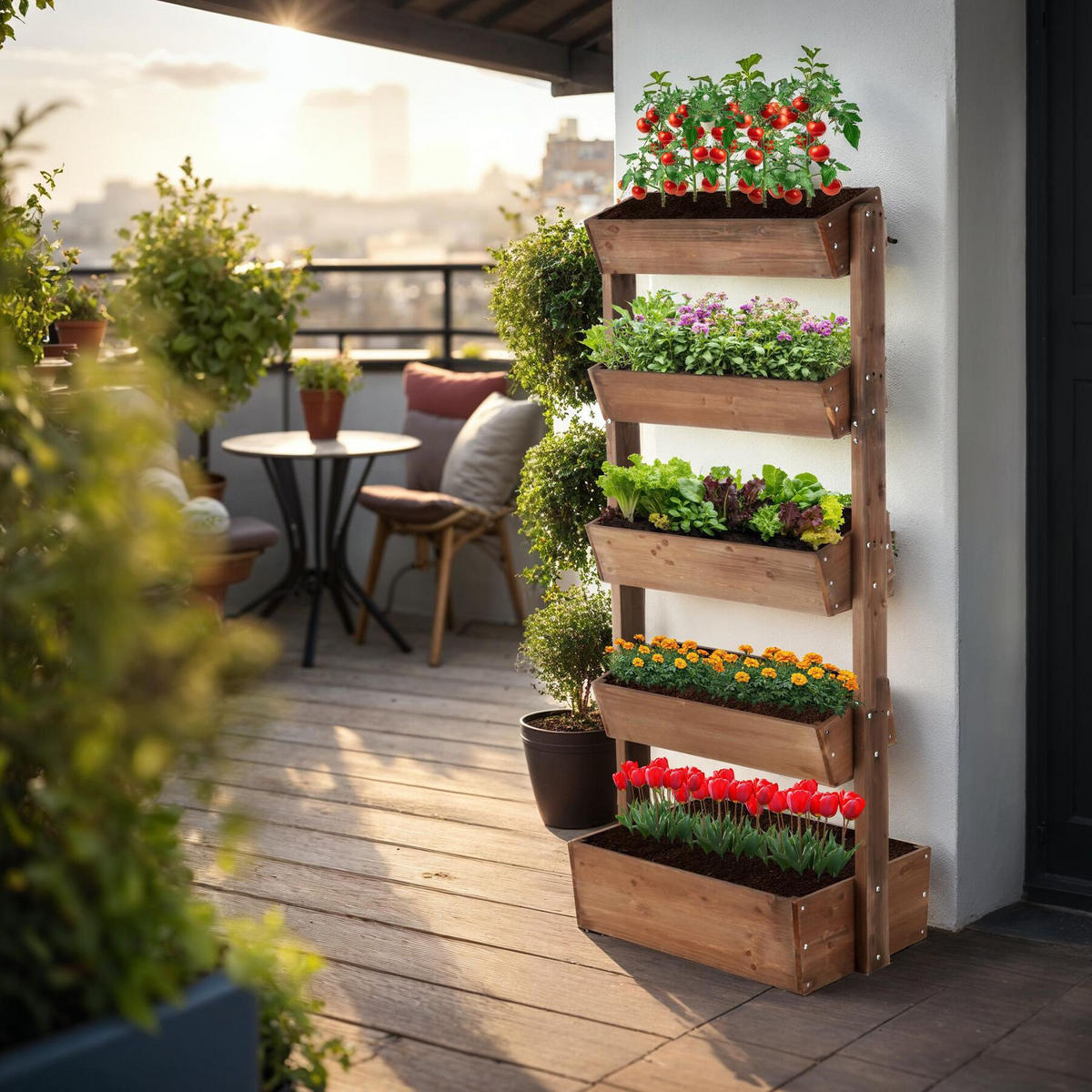 VERTIKALBEET Flora,inklusive Pflanzvlies, 81 x 52 x 180 cm,braun - Braun, Holz (81/180/52cm) - tectake