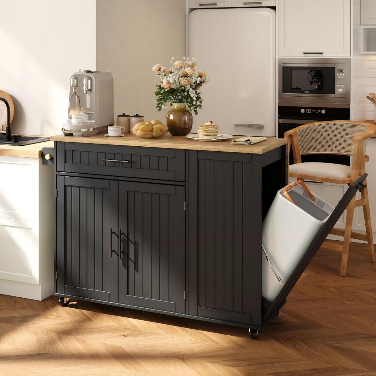 KÜCHENINSEL Klappbare Arbeitsplatte, Mülleimerschrank, MDF, 130/70/93 cm - Schwarz, Kunststoff (70/93/130cm) - Rolipo