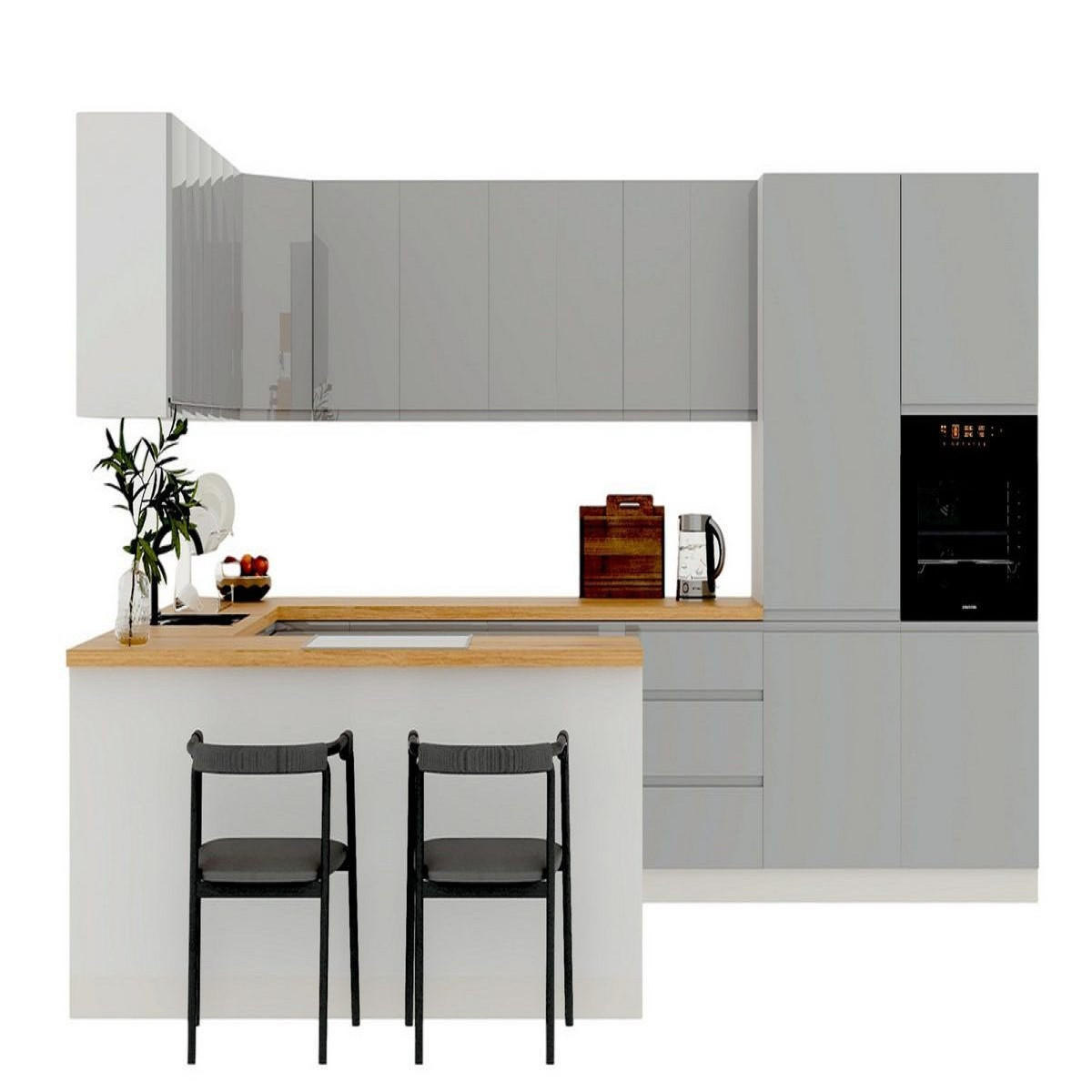 ECKKÜCHE 390 × 260 cm - Aspen K107-M860 - in Grau/Hochglanz - Grau, Holz (390/260/210cm)