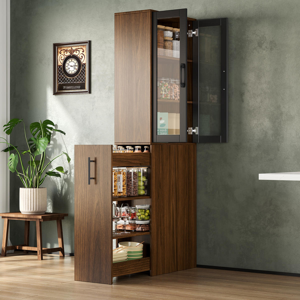 MEHRZWECKSCHRANK DE-38745 60/30/180 cm Glastüren und Ausziehwagen Holz/Schwarz - Braun, Holzwerkstoff (60/180/30cm) - ComfortXL