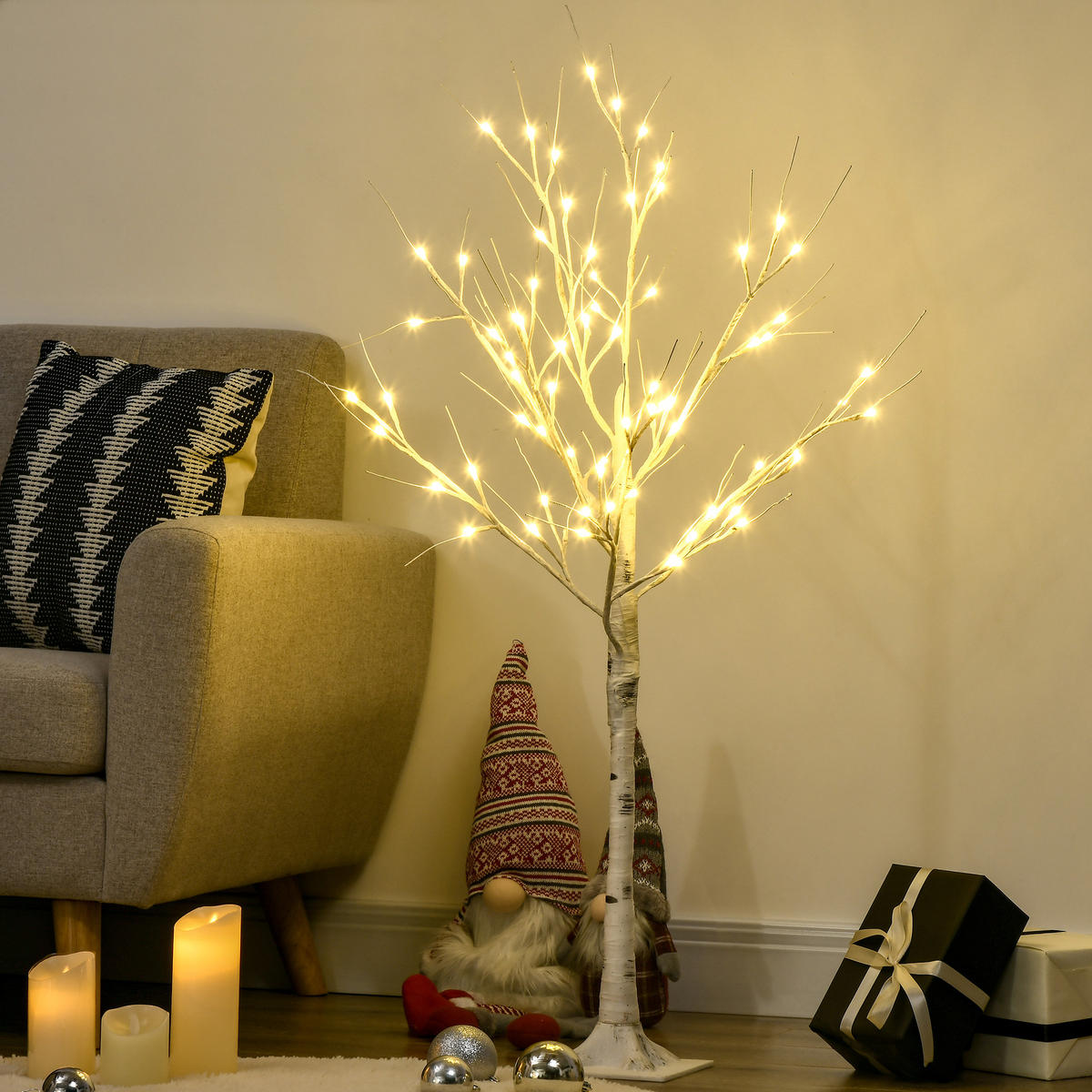 120 cm Kunstbirke Kunstbaum mit LED-Beleuchtung für Weihnachten Ostern Warmweiß - Weiß, Kunststoff (17/17/120cm) - HOMCOM