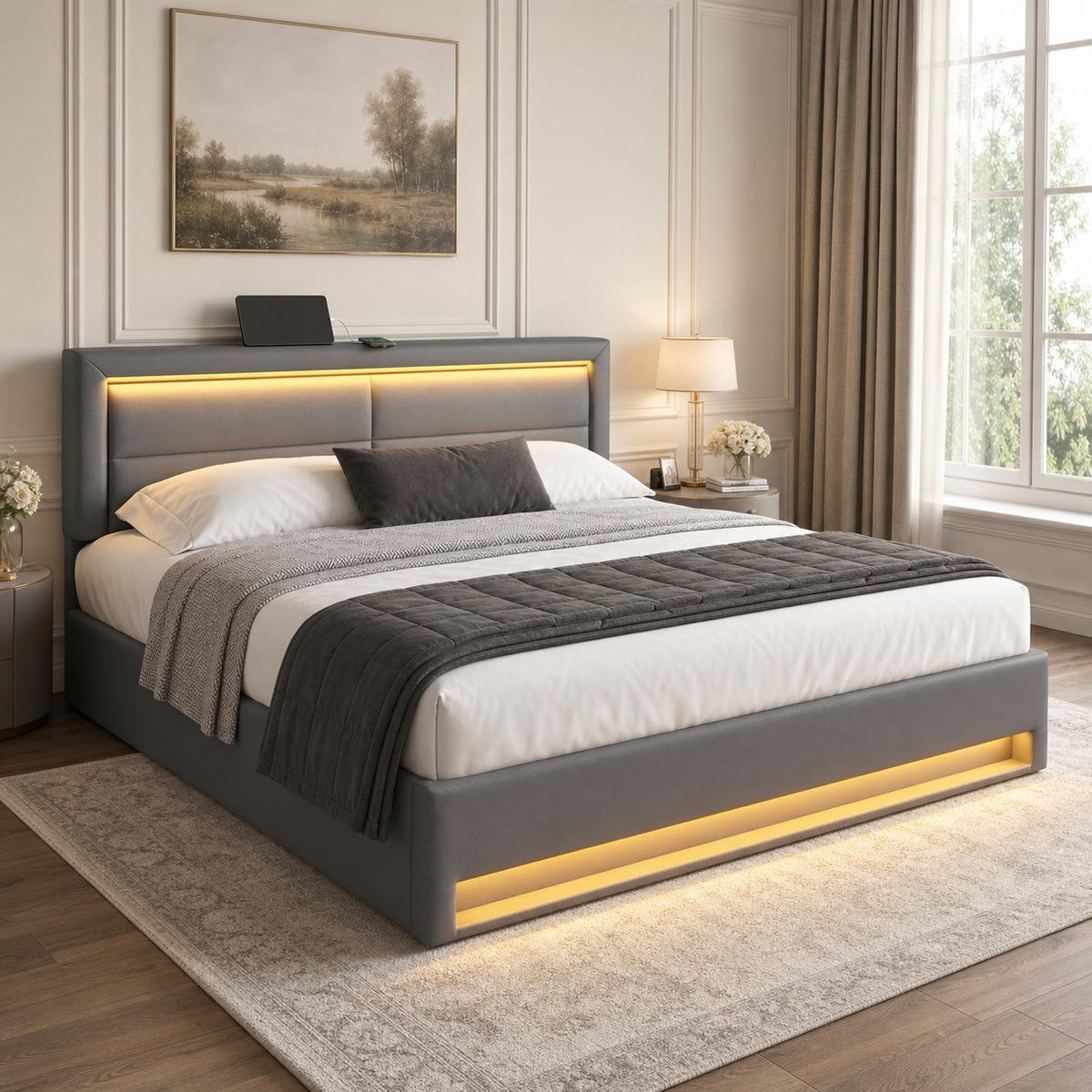 POLSTERBETT 140/200 mit LED, USB-Ladefunktion und Stauraum in Grau - Grau, Holzwerkstoff/Textil (140/200cm) - EVRYAE
