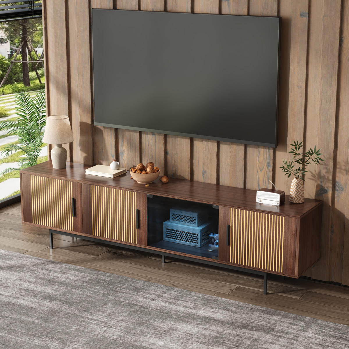 TV-ELEMENT mit LED-Lichtleiste ca. 200 x 35 x 53 cm Schwarz/Walnussbraun - Schwarz, Holzwerkstoff (35/53/200cm) - Beauniv