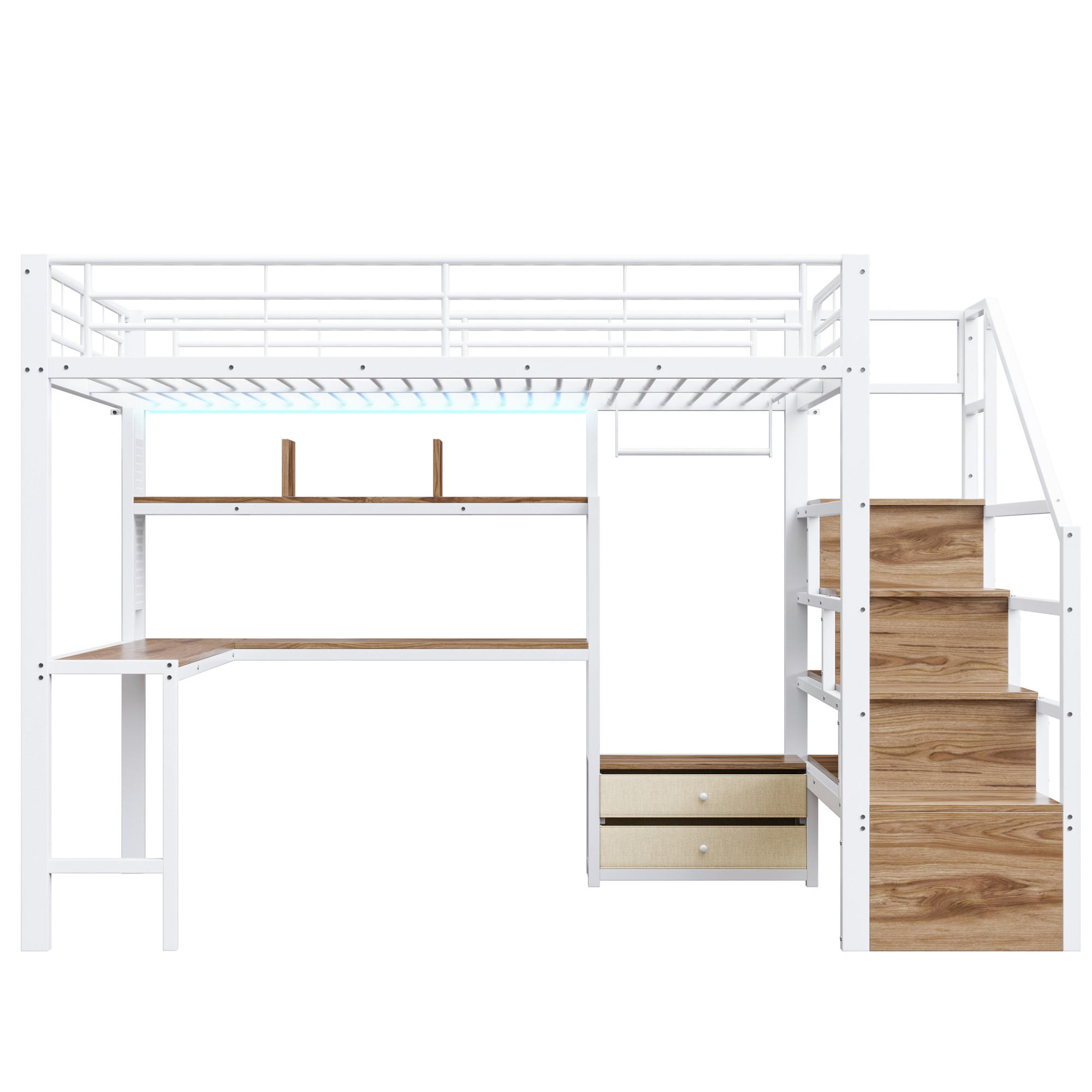 HOCHBETT 140/200 cm mit Eisenrahmen Weiß, Schreibtisch, Stauraumtreppe und LED-Licht - Weiß, Metall