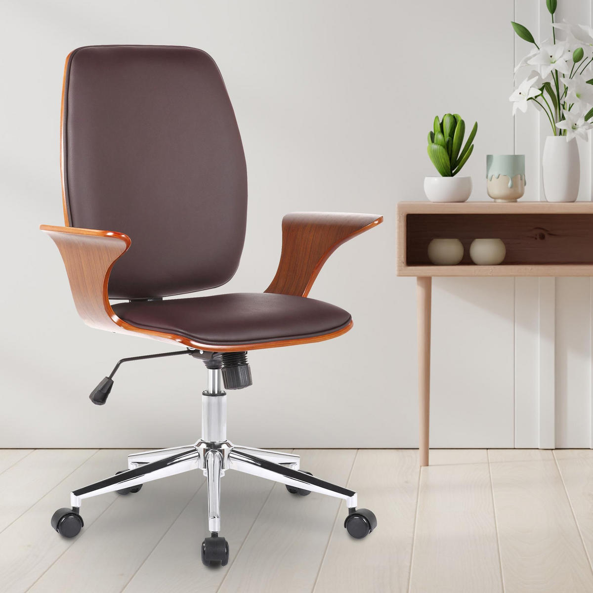 DREHSTUHL Lederlook walnuss/braun - Chromfarben/Walnussfarben, Textil/Metall (67/93/68cm) - CLP
