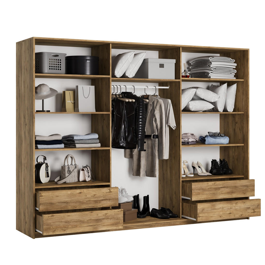 Thumbnail - Masseno Schwebetürenschrank, Eiche, Holzwerkstoff, 9 Fächer, 4 Schubladen, Rechteckig, 250x205x60 cm, Schlafzimmer, Klei...