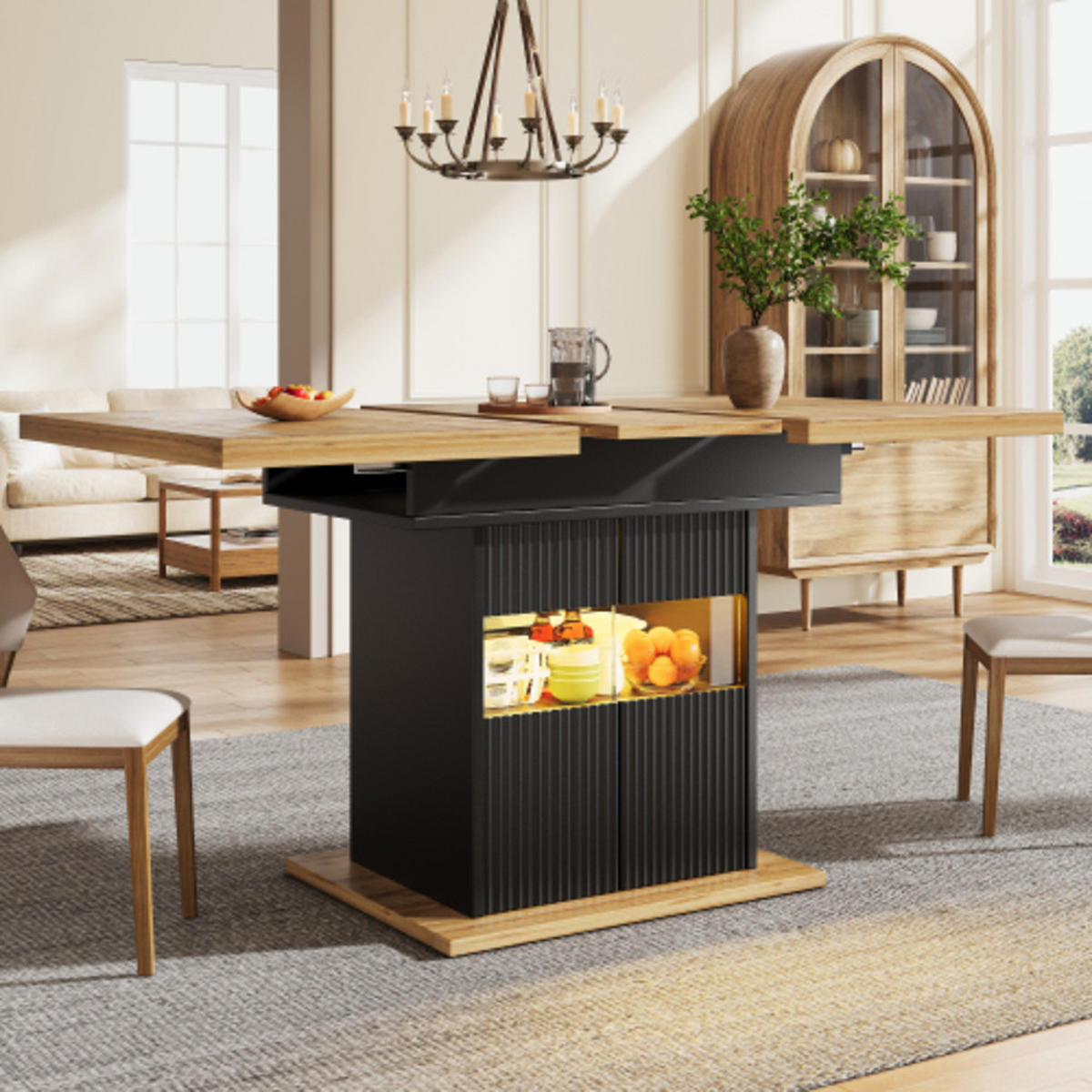AUSZIEHBARER Esstisch 110-140×80×76 cm aus MDF und Metall mit Stauraum und integrierter LED-Beleuchtung, schwarz - Schwarz, Holzwerkstoff (140/80/76cm) - Luhomfu