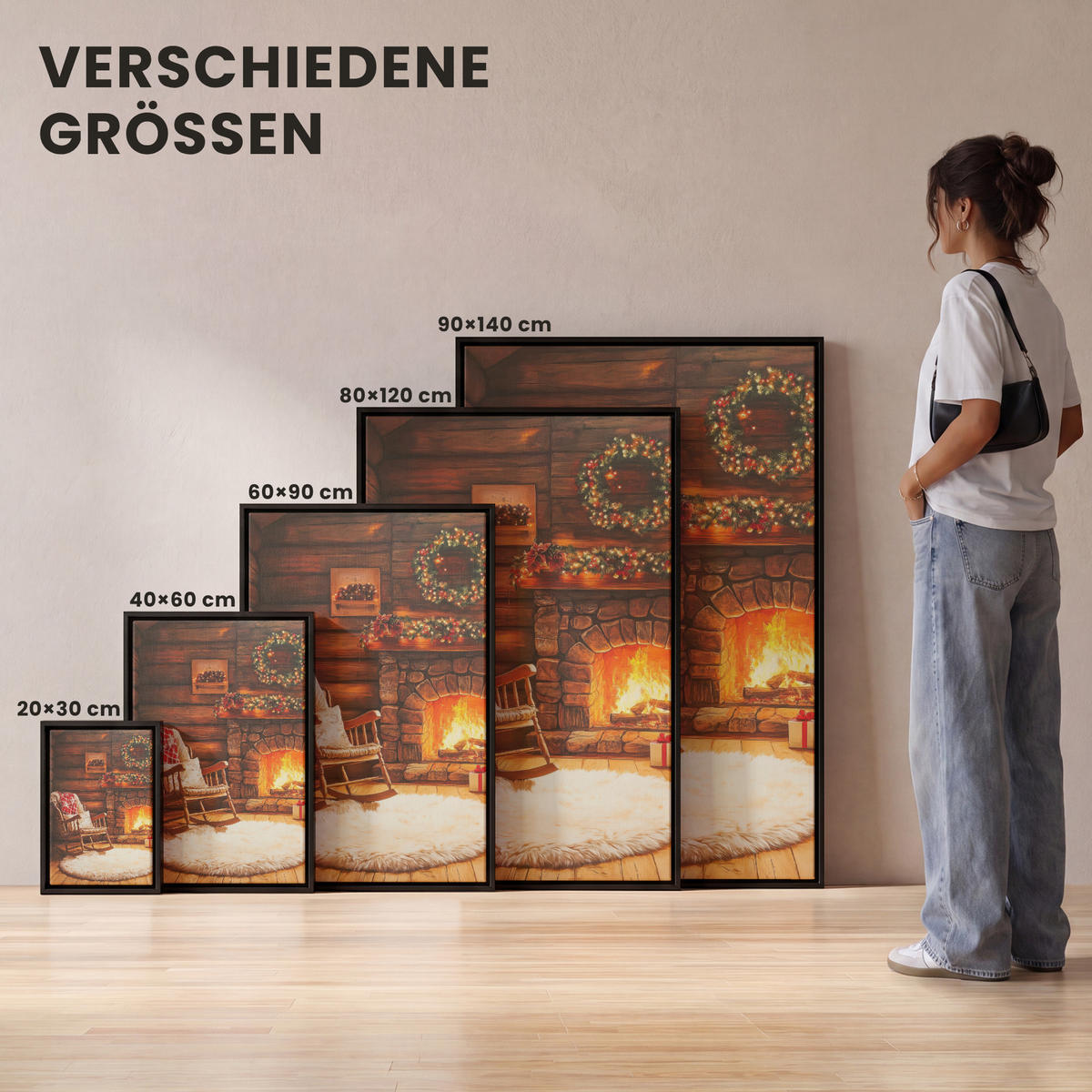 LEINWAND Bilder mit Rahmen - Winter - Weihnachten - Zuhause - Kamin - 80x120 - Bernsteinfarben, Textil (80/120cm) - MuchoWow