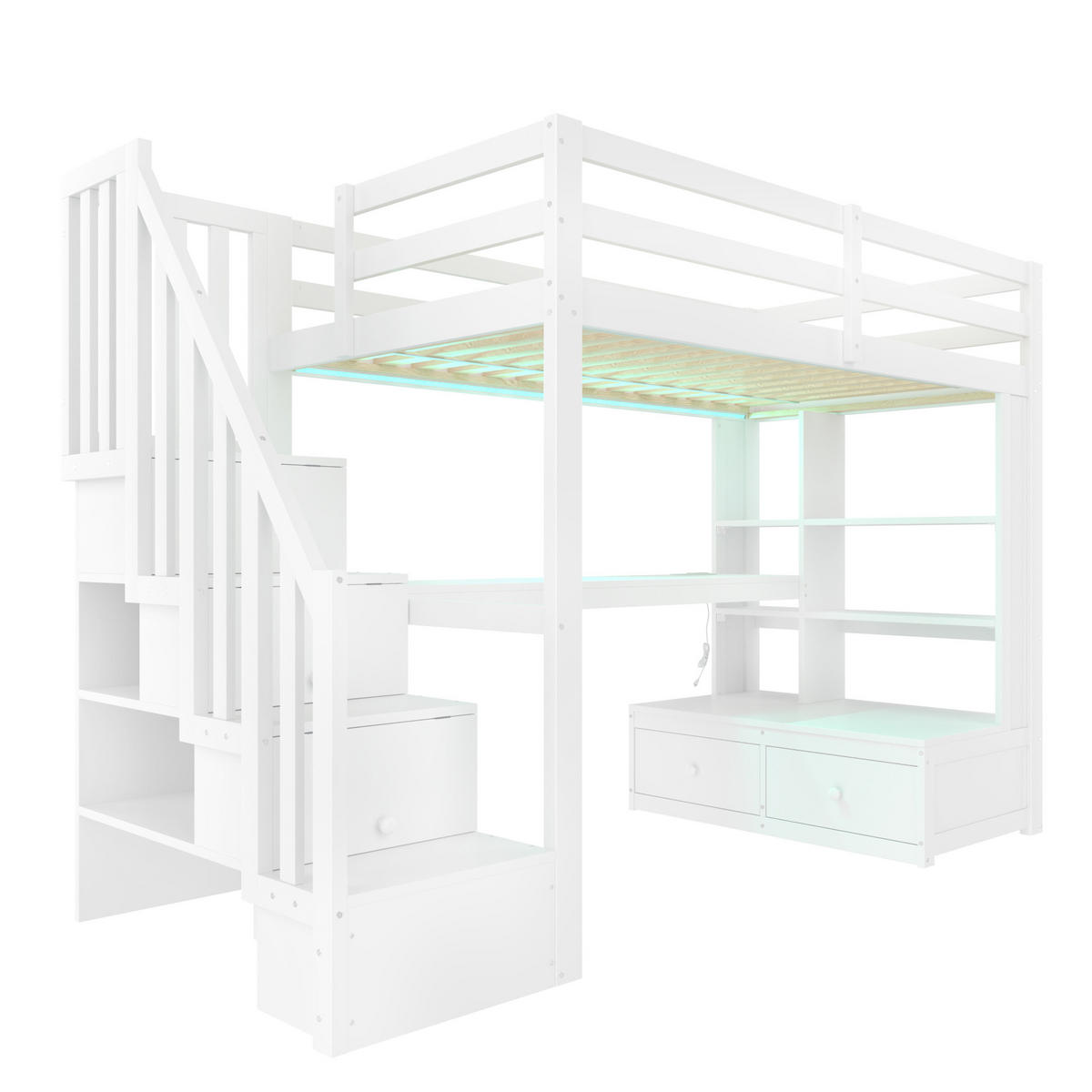 HOCHBETT mit Schreibtisch 90/200 cm in Weiß – mit Regalen, Schubladen und Treppe - Weiß, Holzwerkstoff (90/200cm) - BEAOK