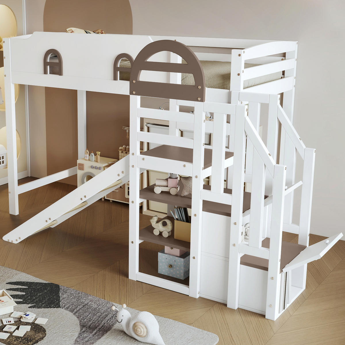 ETAGENBETT mit Fenstern, Rutsche und Stauraumtreppe, Weiß, 90/200 cm - Weiß, Holz (90/200cm) - MIVRAY