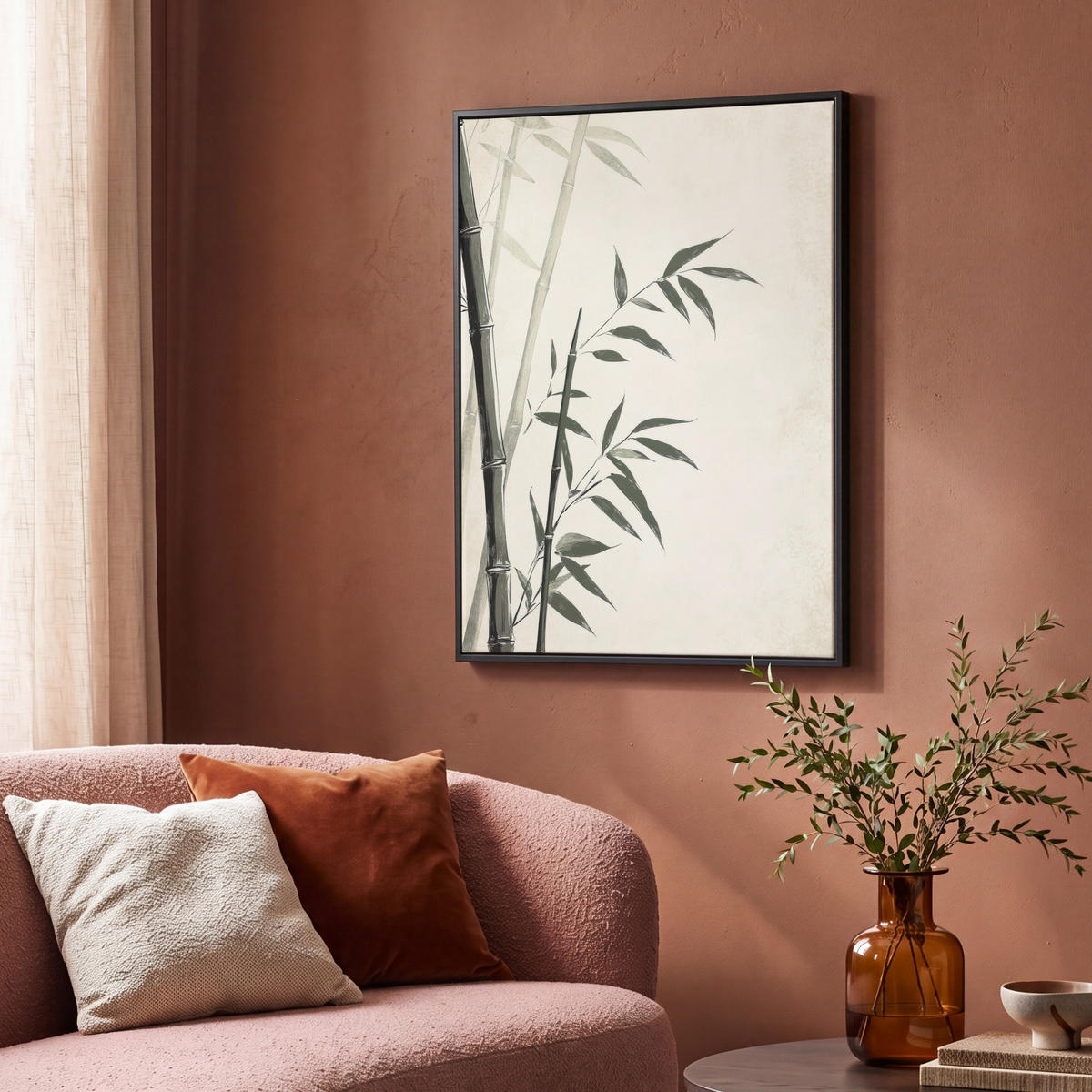 LEINWAND Bilder mit Rahmen - Japandi - Bambus - Beige - 70x100 - Eukalyptusholzfarben, Textil (70/100cm) - MuchoWow