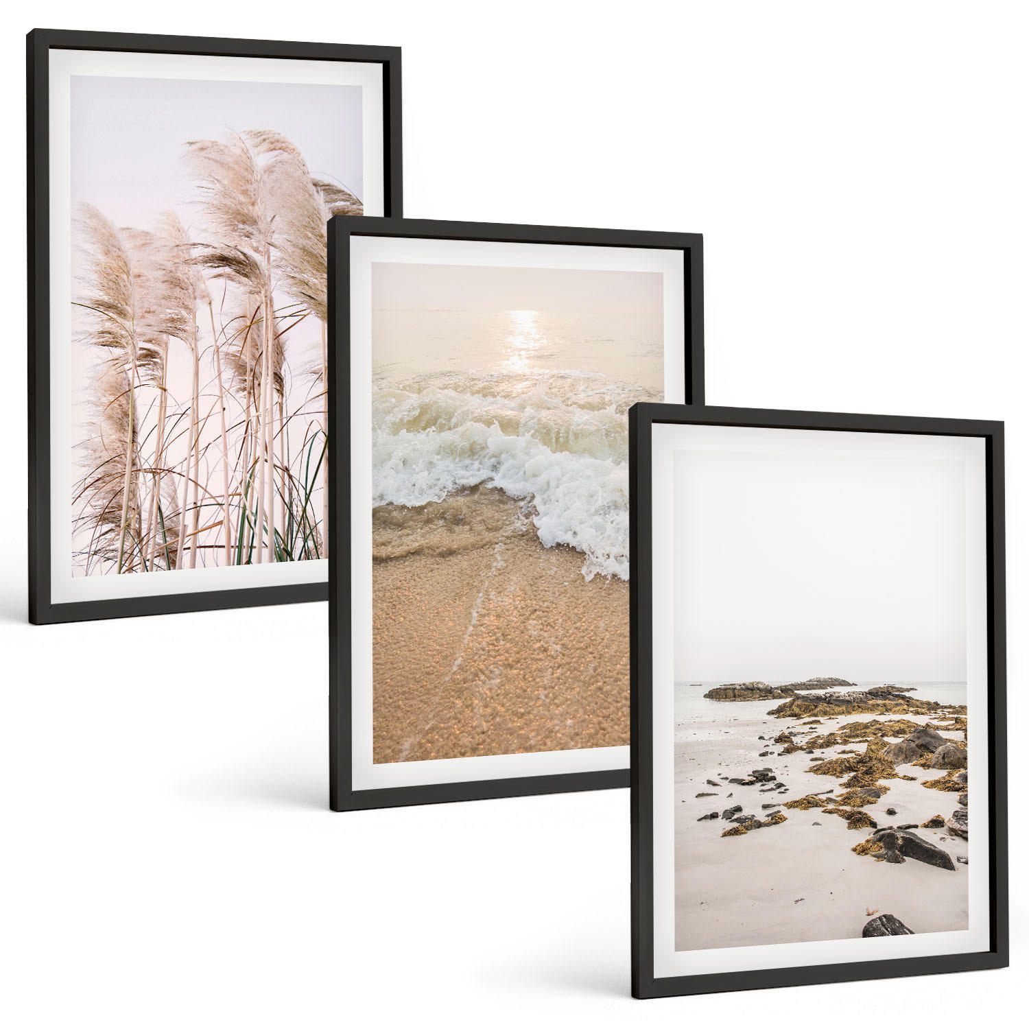 BILDER SET 3er Set - 40x60 cm Schwarzer Rahmen - Strandgras, Wellen, Steine, Boho-Stil - Schwarz, Kunststoff (40/60cm) - TULUP