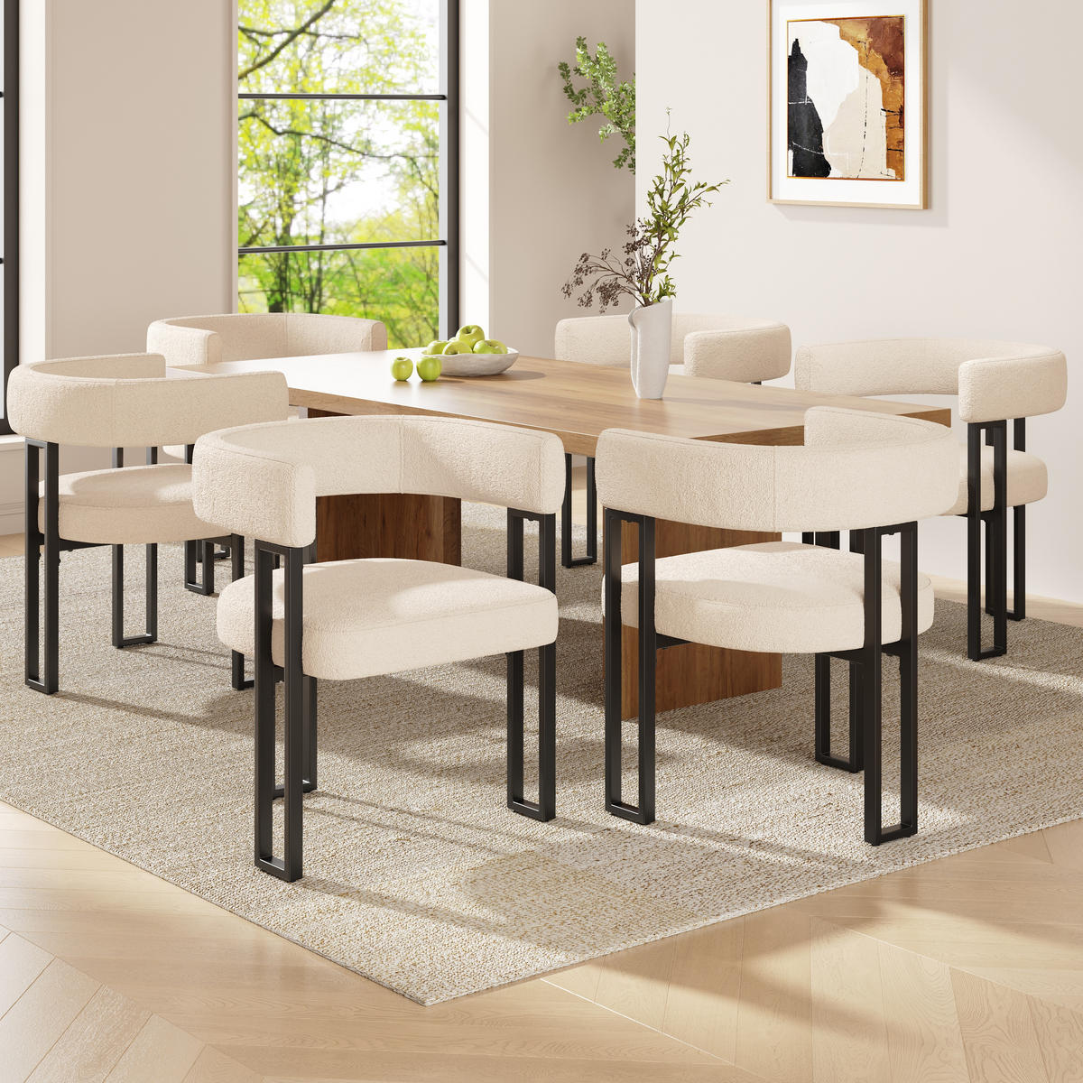 WOHNZIMMER STÜHLE mit Lammfellstoff geschwungene Rückenlehne 6tlg - Beige, Textil (54/72/51.5cm) - EVRYAE