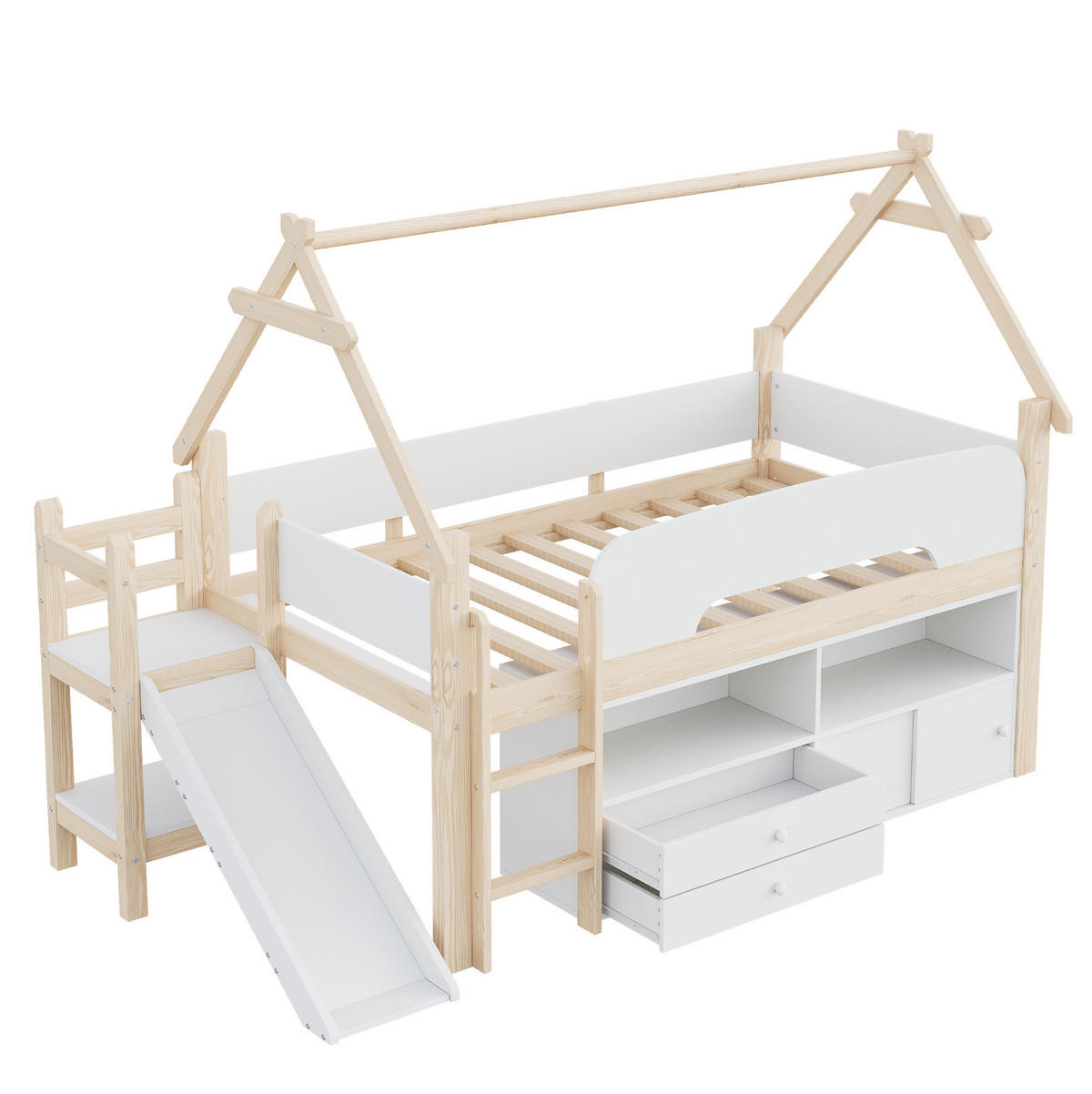 HOCHBETT aus Massivholz und MDF 90x200 cm Natur/Weiß mit Rutsche, Stauraum und Dachrahmen - Weiß, Holz (90/200cm) - Modfu