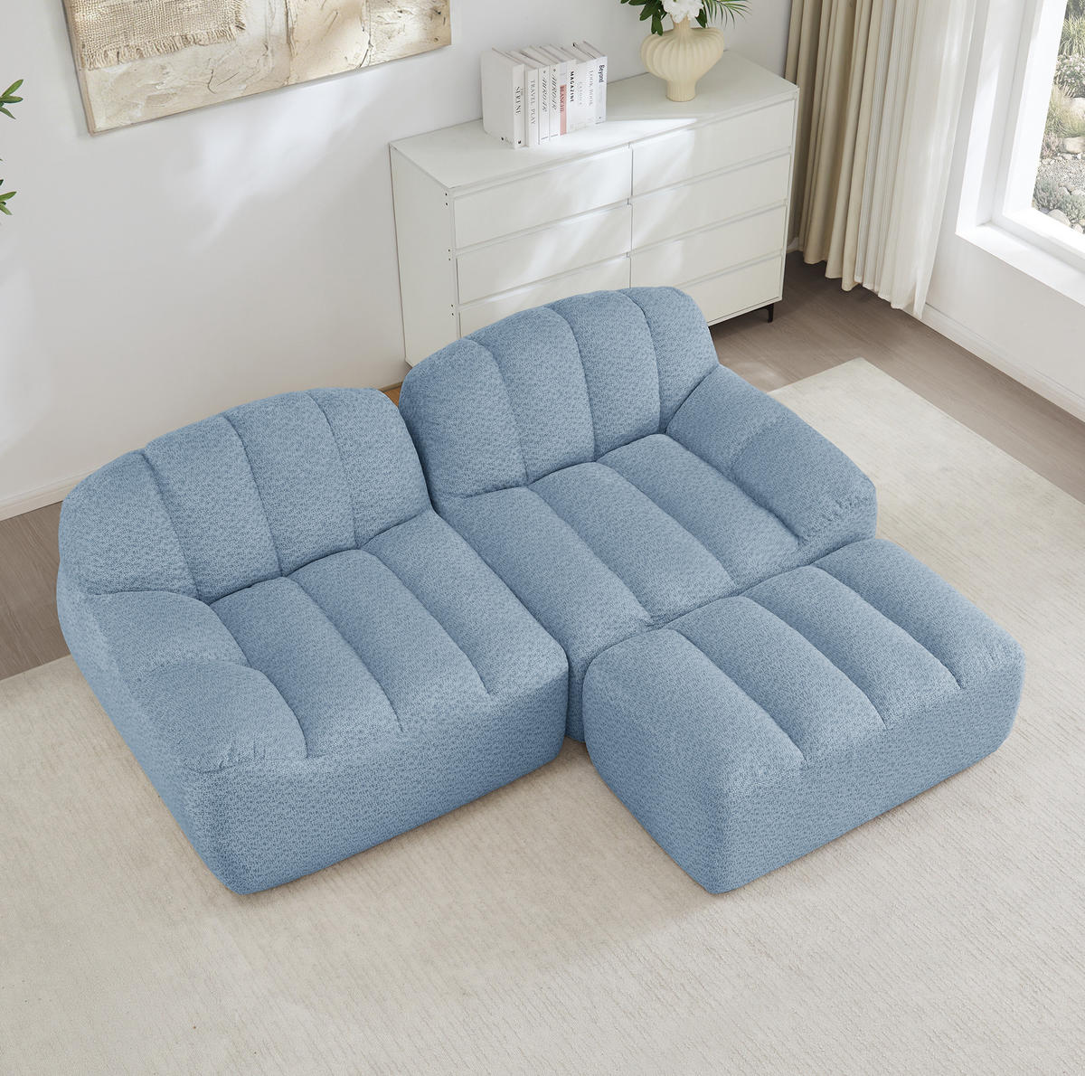 SOFA in Blau mit Ottoman aus Fleece - Blau, Textil (165/79/210cm) - Flora Grace