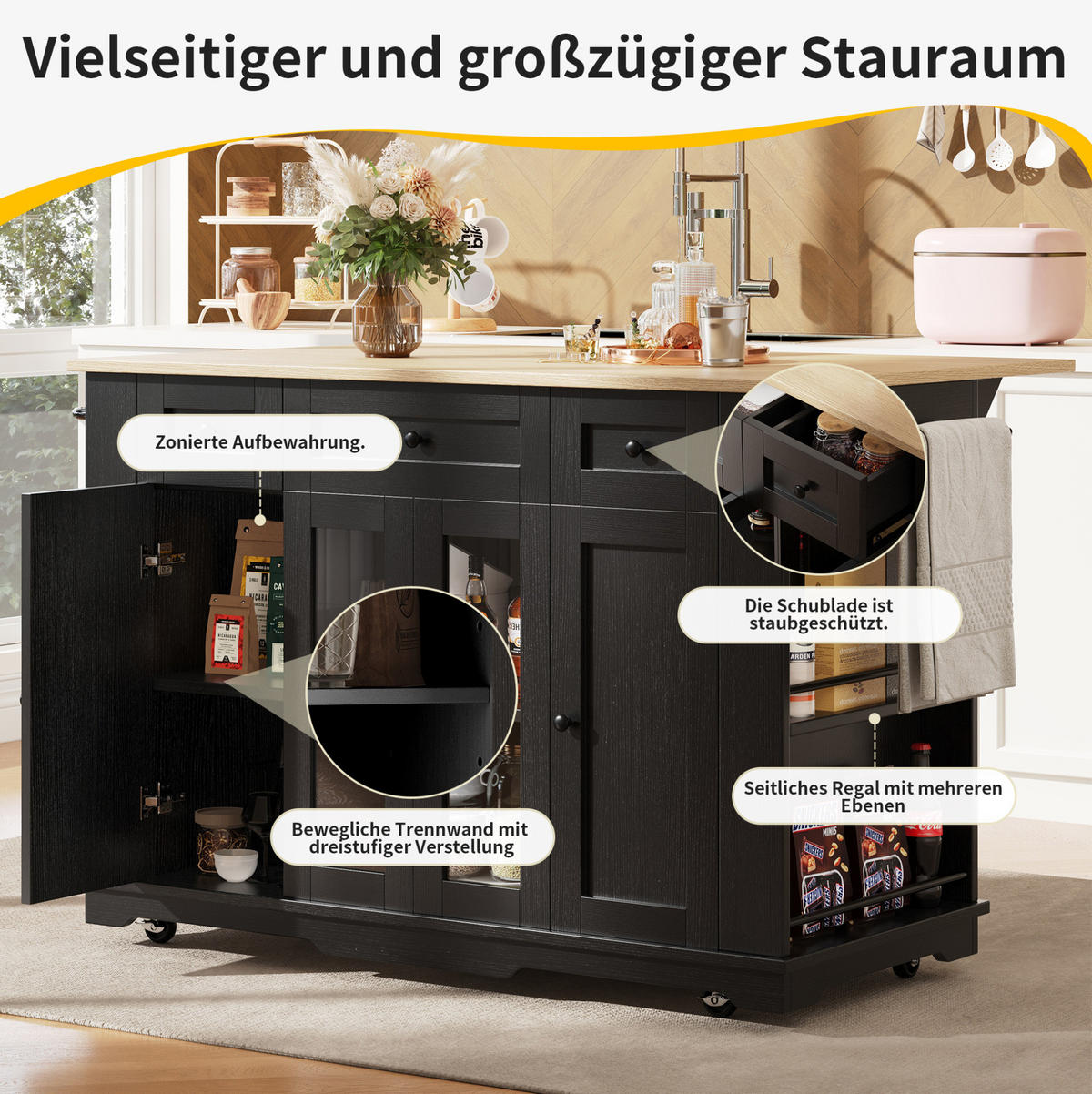 KÜCHENINSEL 151.5x85x91.7cm Schwarz mit Klapptisch & Schubladen - Schwarz, Holzwerkstoff (151.5/91.7/85cm) - Modfu