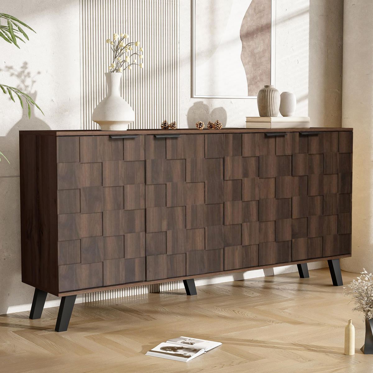 SIDEBOARD 160cm 4 Türen dunkle Holzmaserung modern - Walnussfarben, Holzwerkstoff (35.5/78/160.5cm) - FLIEKS