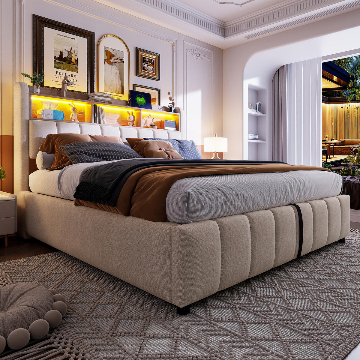 POLSTERBETT 180/200 cm Beige mit LED-Beleuchtung und USB-Anschlüssen aus Leinenstoff - Beige, Textil (180/200cm) - OKWISH