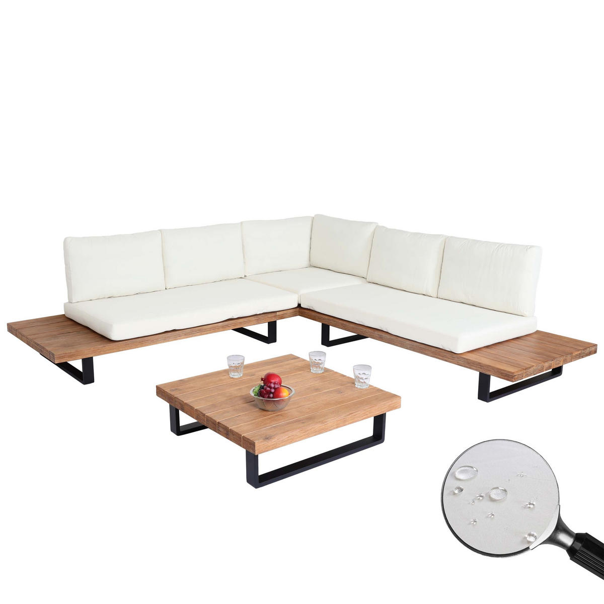 GARTEN-GARNITUR Hellbraun Polster Cremeweiß - Braun, Holz - PROREGAL