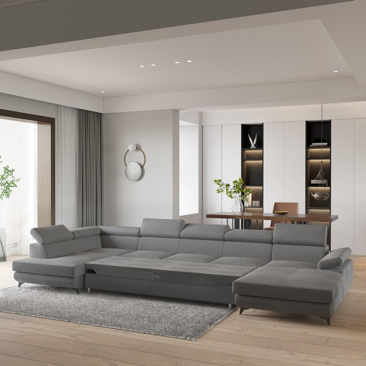 WOHNLANDSCHAFT MONTIVA Grau Velours-Stoff mit Schlaffunktion - Grau, Holz (410/89/190cm) - MASSENO