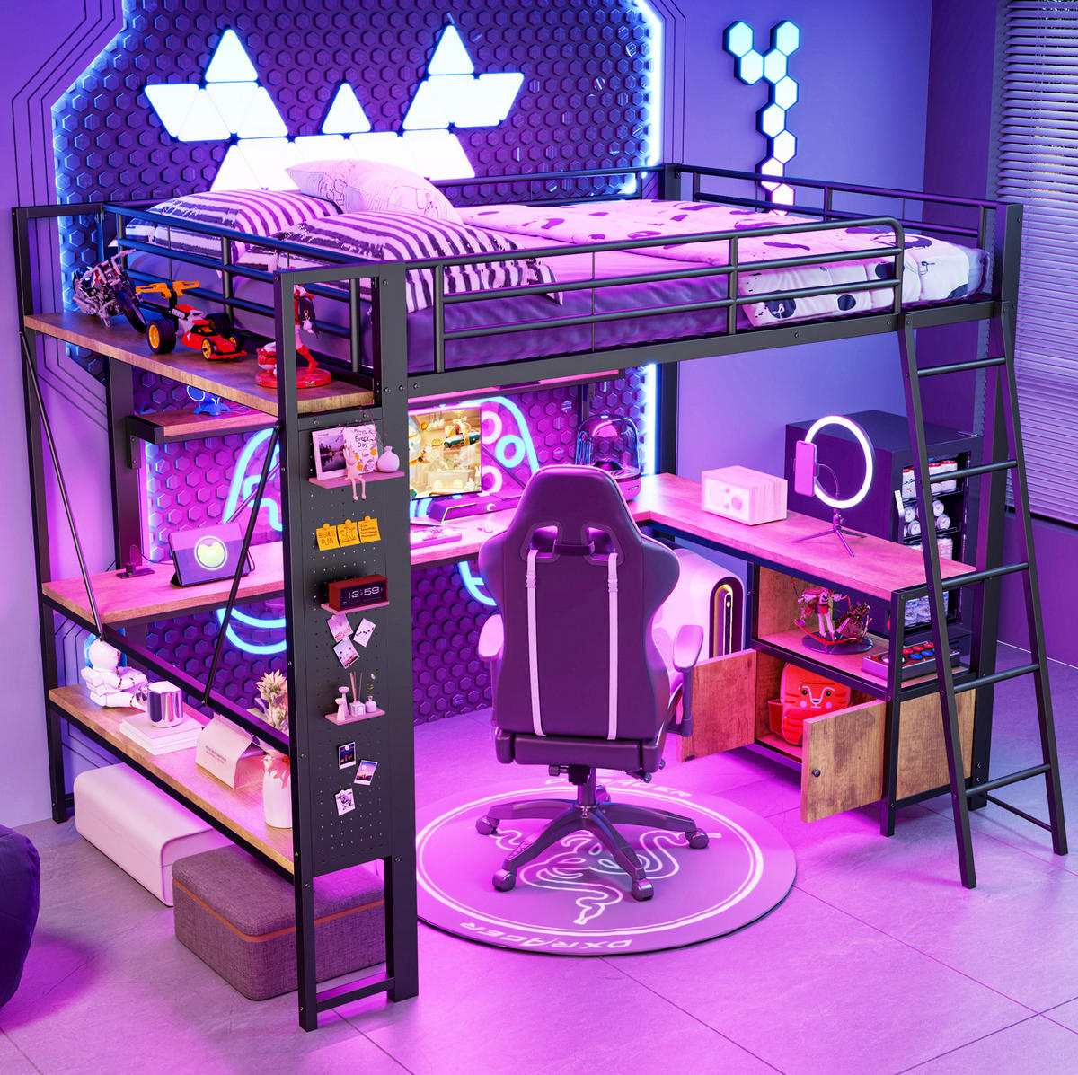 HOCHBETT 140/200 cm aus Metall mit LED-Lichtleiste und Schreibtisch Schwarz - Schwarz, Metall (140/200cm) - Modenvie