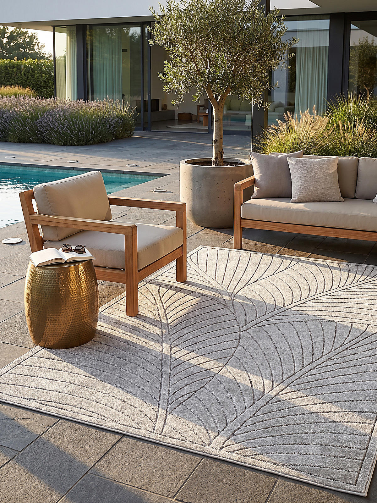 TEPPICH Outdoor, Fußbodenheizung-geeignet, mit Blattmotiv, ENGADIN in Silbergrau, 280 x 370 cm - Grau, Textil (280/370cm) - KADIMA DESIGN