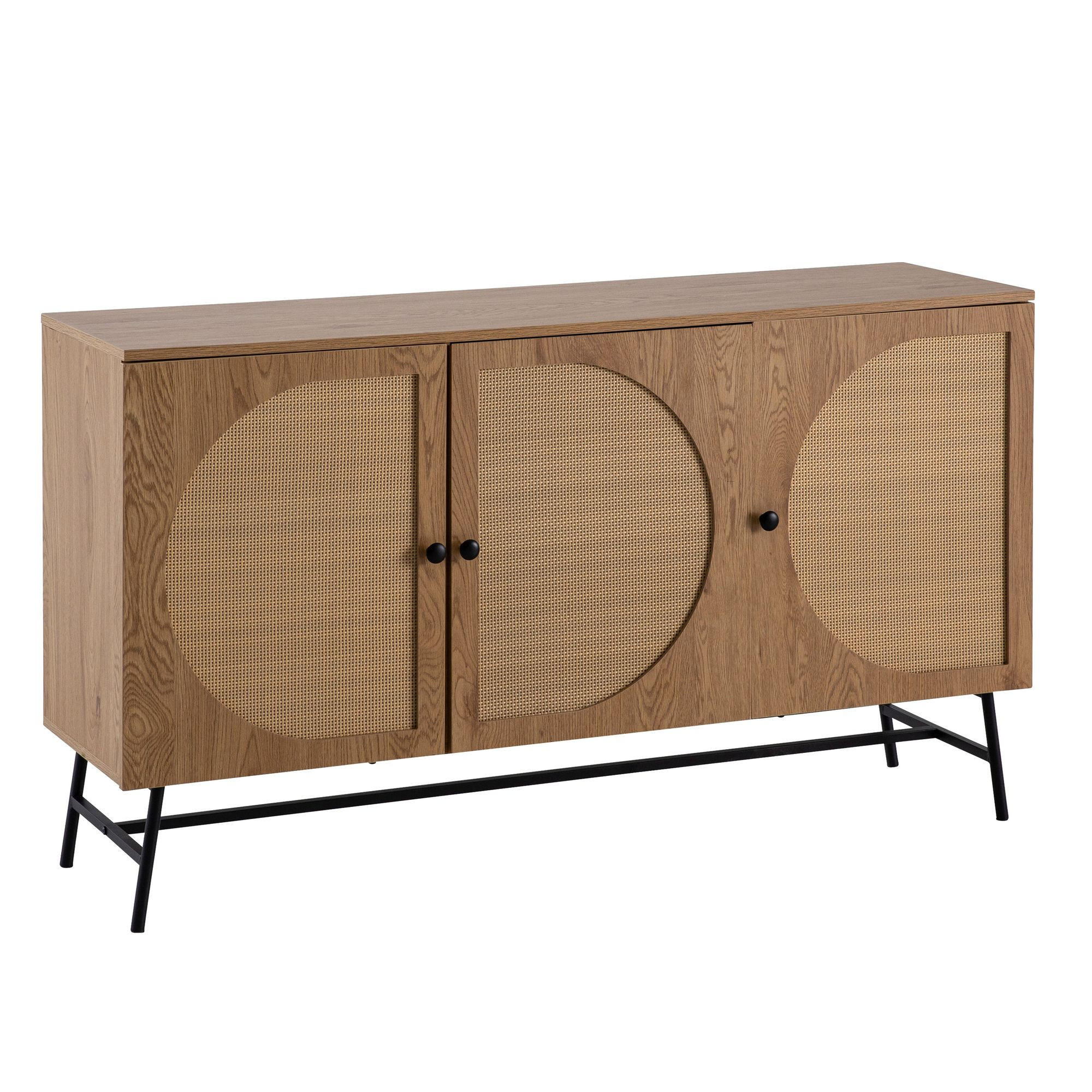 SIDEBOARD – Eiche-Dekor/Rattan, 140x80x39 cm, 3 Türen, hoch - Schwarz/Braun, Holzwerkstoff/Metall (140/80/39cm) - KADIMA DESIGN
