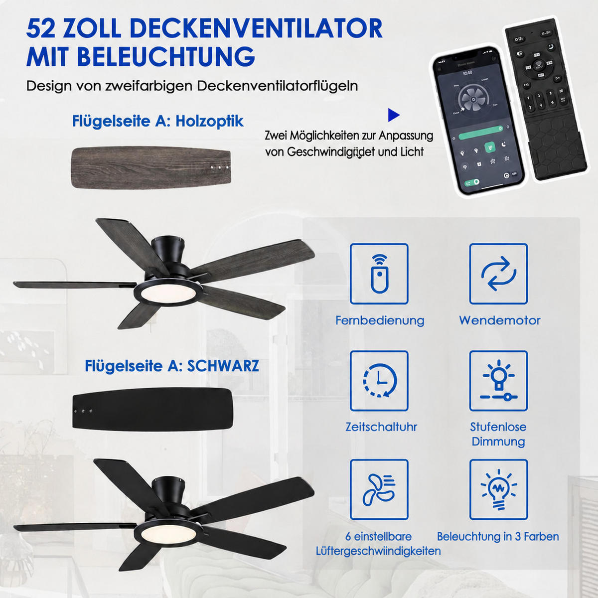 DECKENVENTILATOR Schwarz 132 cm mit RGB-LED und leisem DC-Motor - Schwarz, Metall (132/132/22cm) - Surtime