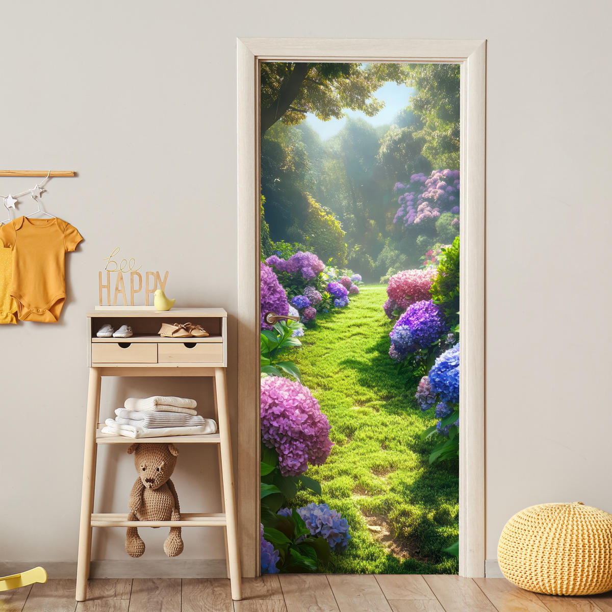 TÜRAUFKLEBER Natur - Hortensie - Blumen - Grün 85x215 cm - Türtapete - Hellgrün, Kunststoff (85/0.1cm) - MuchoWow