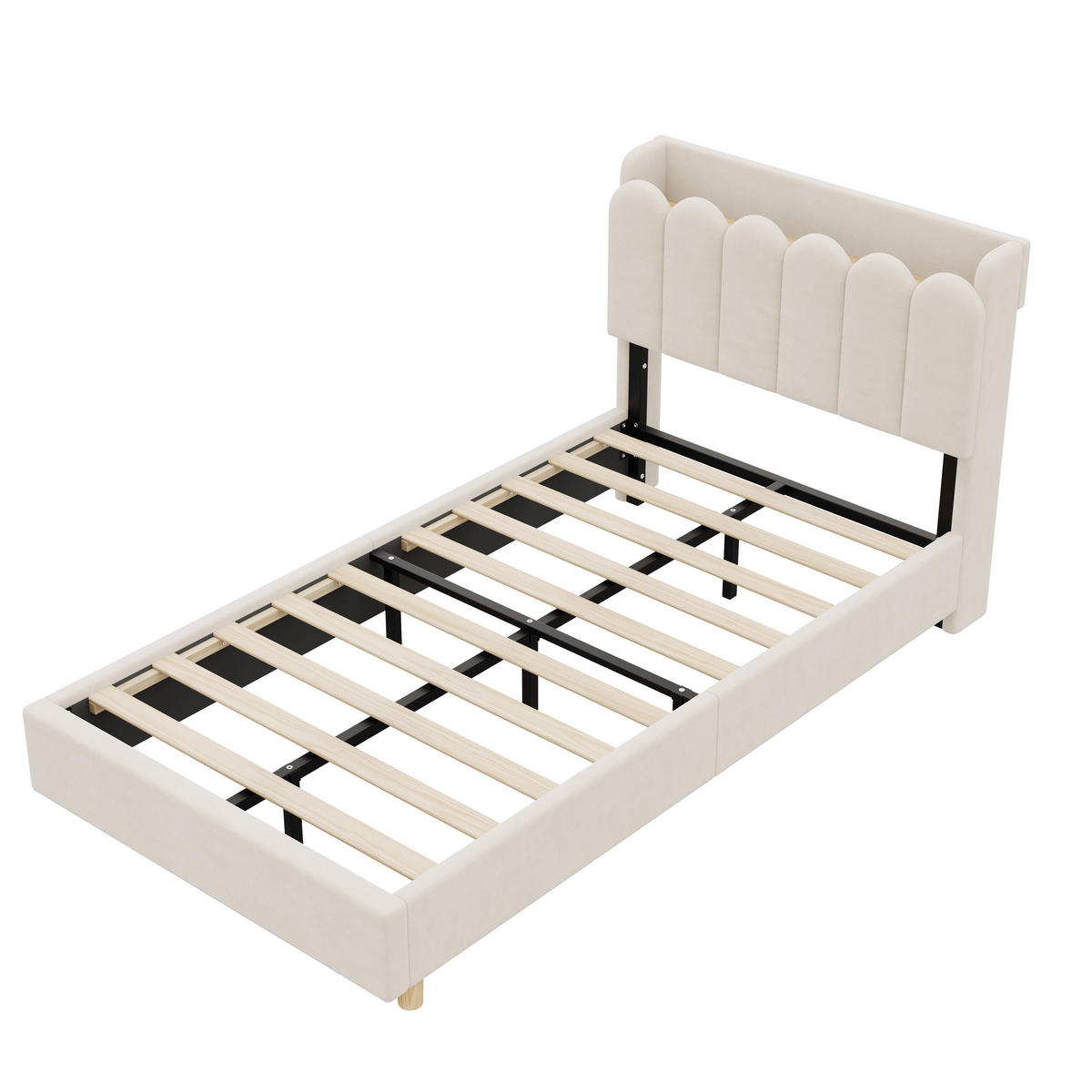 POLSTERBETT 90/200 cm in Beige Samt mit Leselampe, USB und Type-C, gepolstertem Kopfteil und Stauraum - Beige/Naturfarben, Holzwerkstoff/Textil (90/200cm) - STILVORA