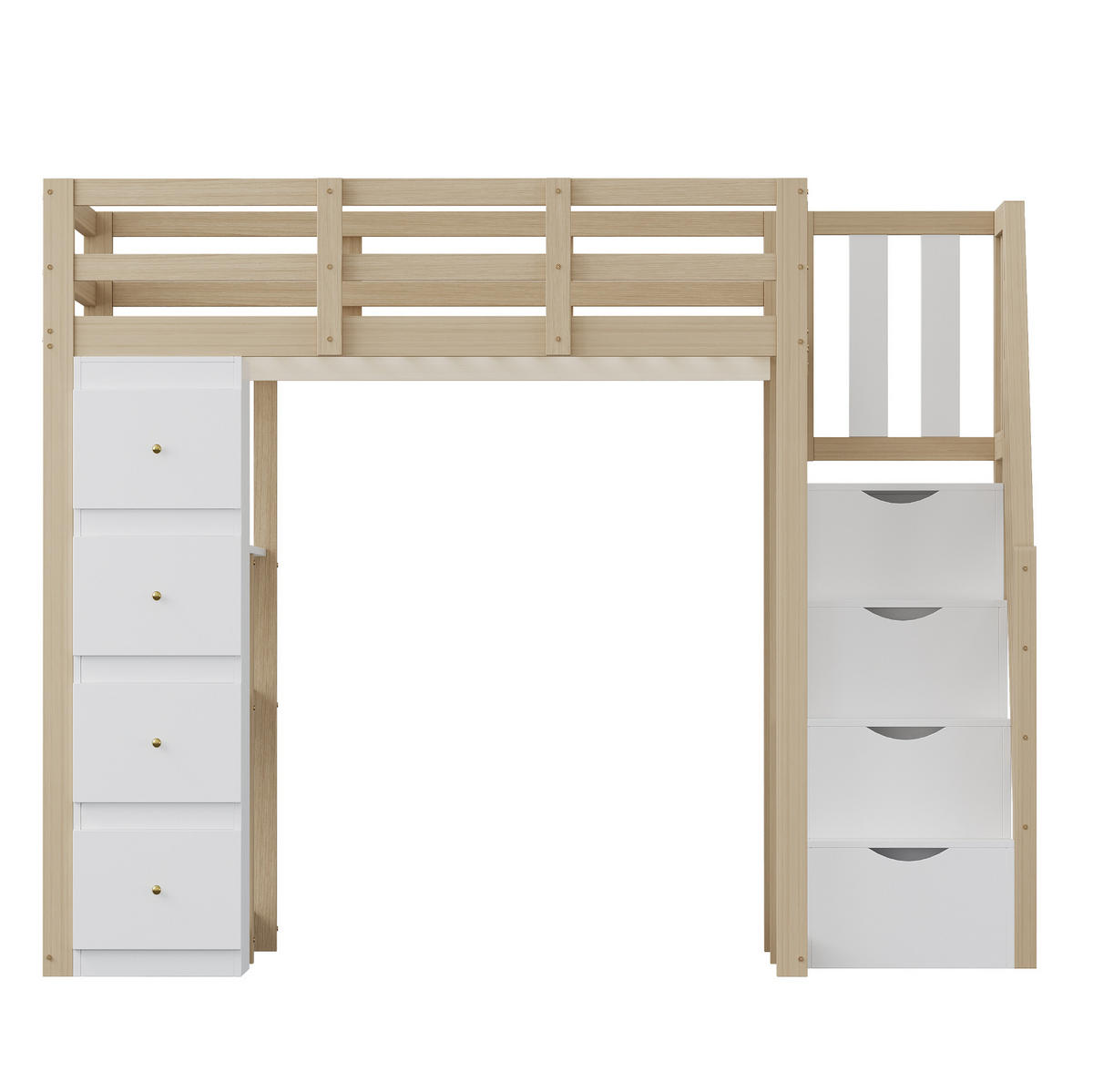 HOCHBETT 140/200 cm mit Aufbewahrungsschubladen und Sicherheitsleiter in Natur und Weiß ohne Matratze - Hellbraun/Weiß, Holz (140/200cm) - OKWISH