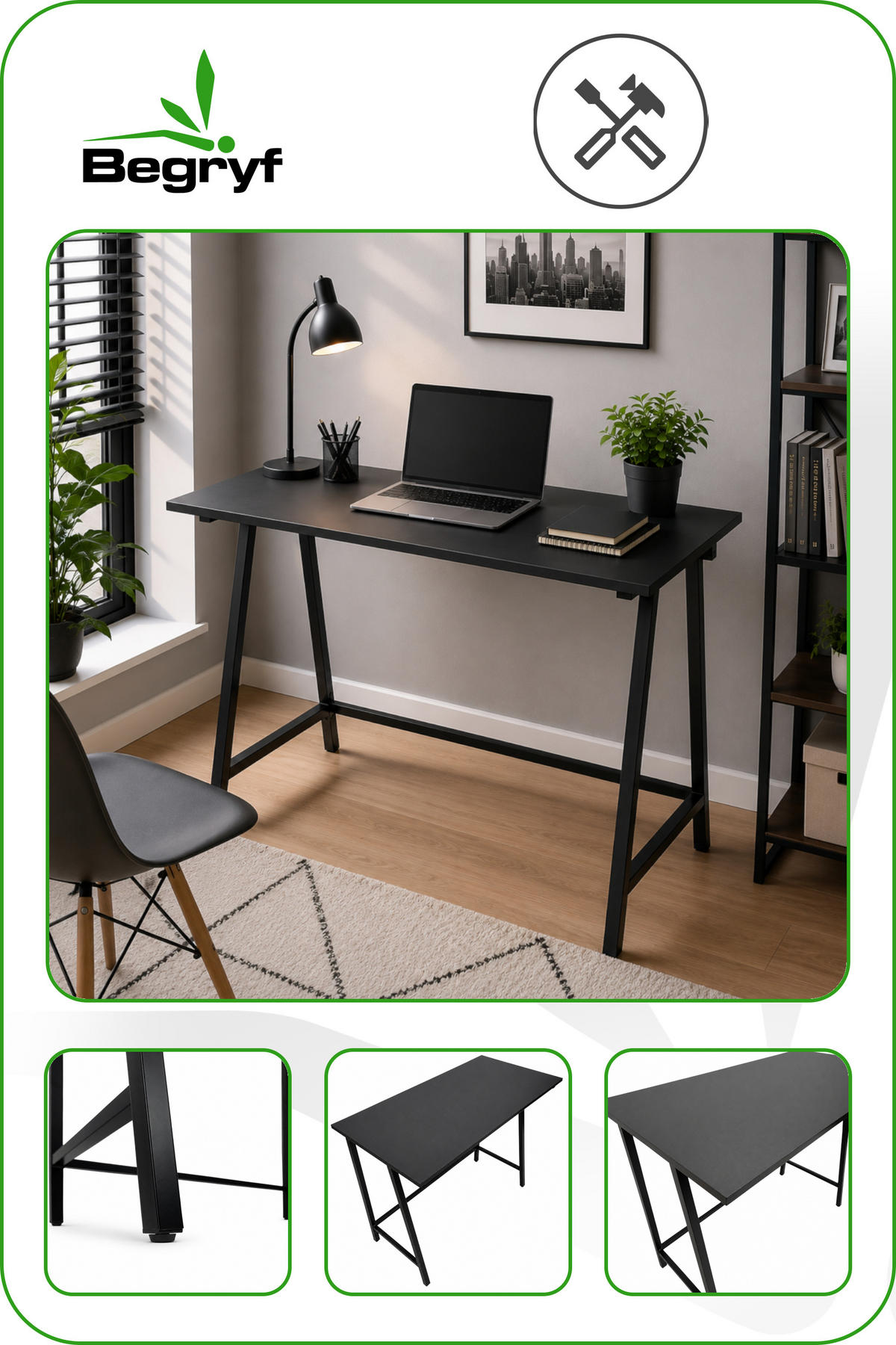 SCHREIBTISCH Metall Holzoptik Schwarz stabil 100x50x75 cm - Schwarz, Holzwerkstoff/Metall (50/100/75cm) - Begryf