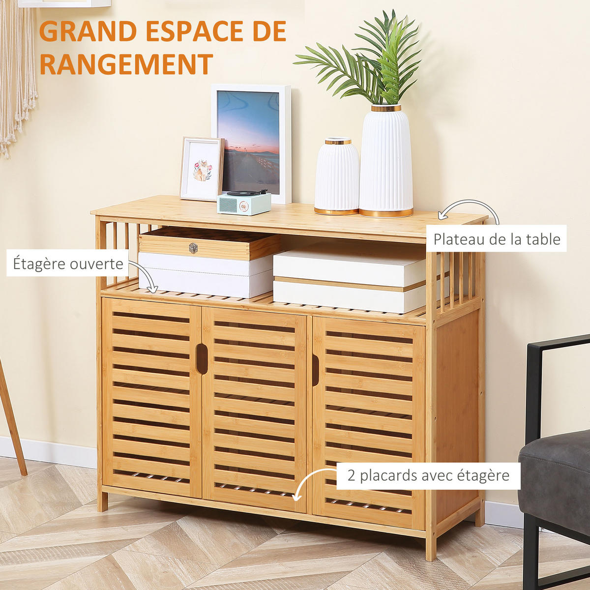 SIDEBOARD Bambus, 3 Türen, 100/35/82 cm - Naturfarben, Holz (100/82/35cm) - PANGIVO