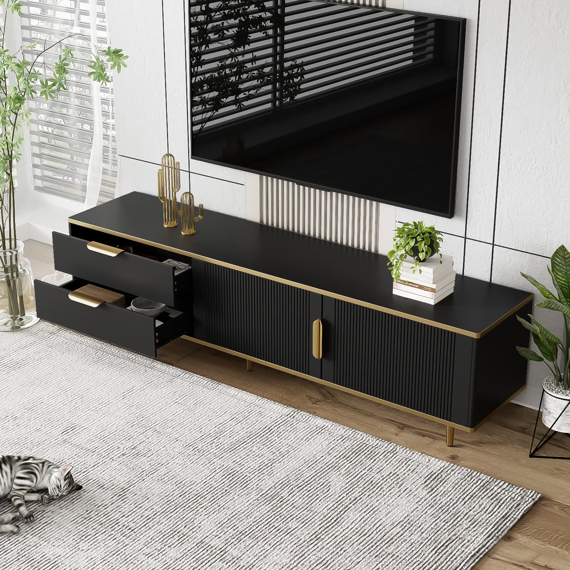 TV-LOWBOARD aus MDF und Spanplatte 170x45x37 cm Schwarz-Gold mit 2 Schubladen und 2 Türen, geschnitzte Front - Schwarz, Holzwerkstoff (175/45/40cm) - Modfu