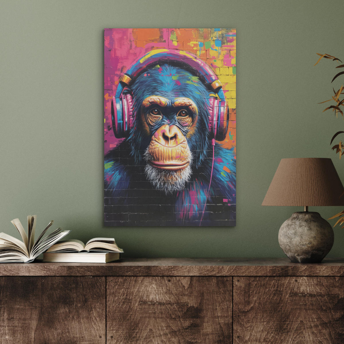 AKUSTIKBILD Graffiti - Schimpanse - Straßenkunst - Kopfhörer - Affe Kunstdruck Schlafzimmer 50x70 cm - Blau, Kunststoff (50/70/0.9cm) - MuchoWow