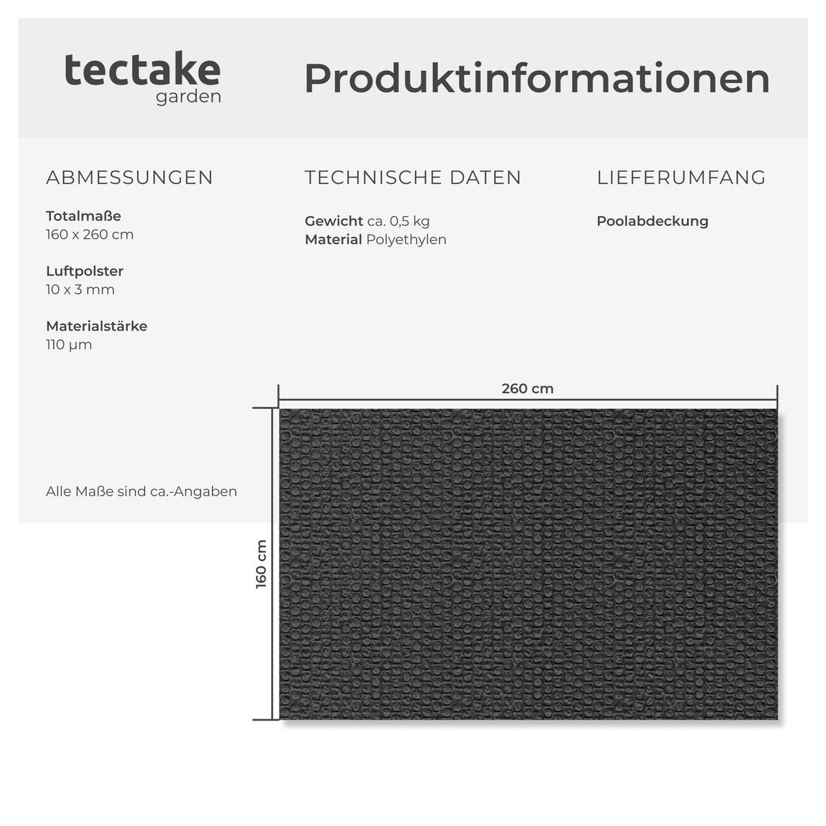 POOL-SOLARFOLIE , 160 x 260 cm, schwarz - Schwarz, Kunststoff (260/160cm) - tectake