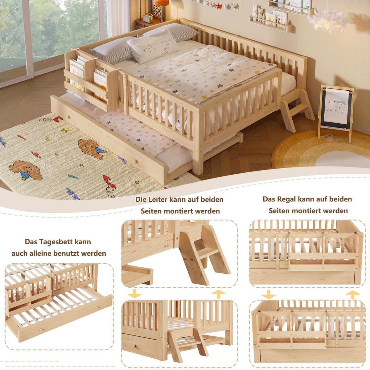 KINDERBETT 140/200 cm in Holzfarben mit Ausziehbett, Regal und Rausfallschutz Massivholz skandinavisches Design - Naturfarben, Holzwerkstoff (140/200cm) - STILVORA