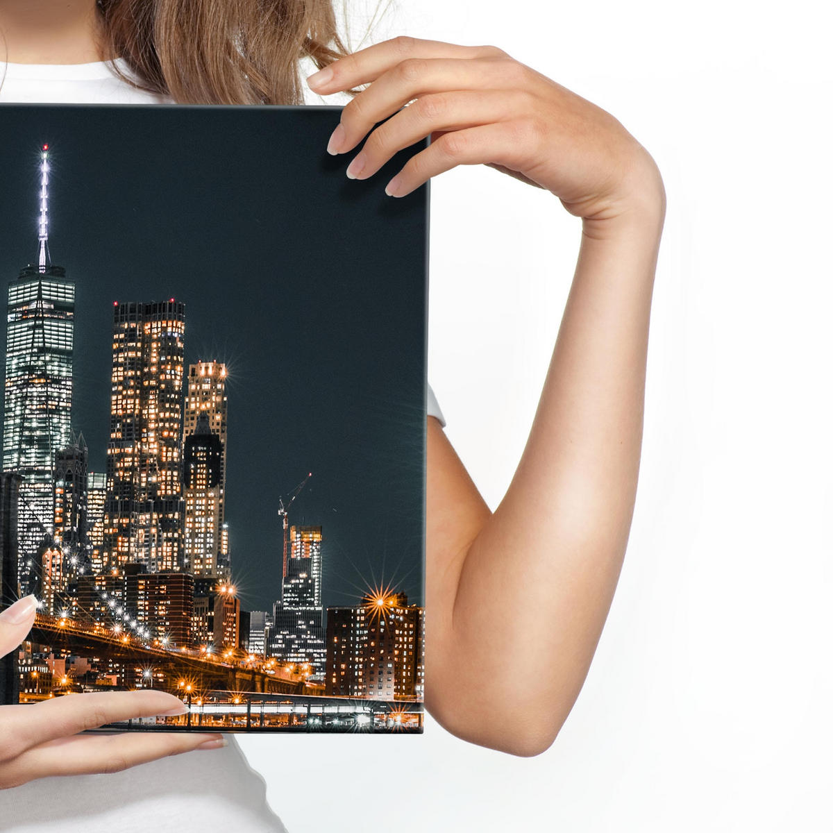 PANORAMABILD New York bei Nacht Architektur 3D 145x45cm - Blau/Beige, Textil (145/45cm) - Muralo