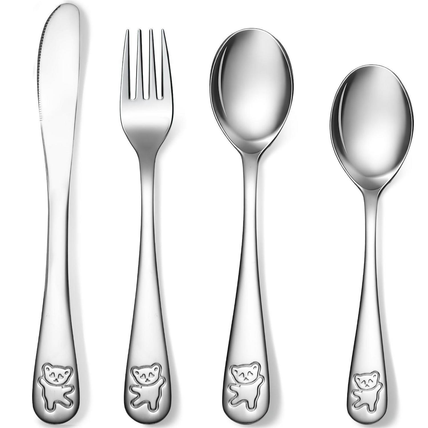 KINDERBESTECK 4-teiliges Set Edelstahl mit Bärenmuster, für Kinder ab 3 Jahre - Silberfarben, Metall